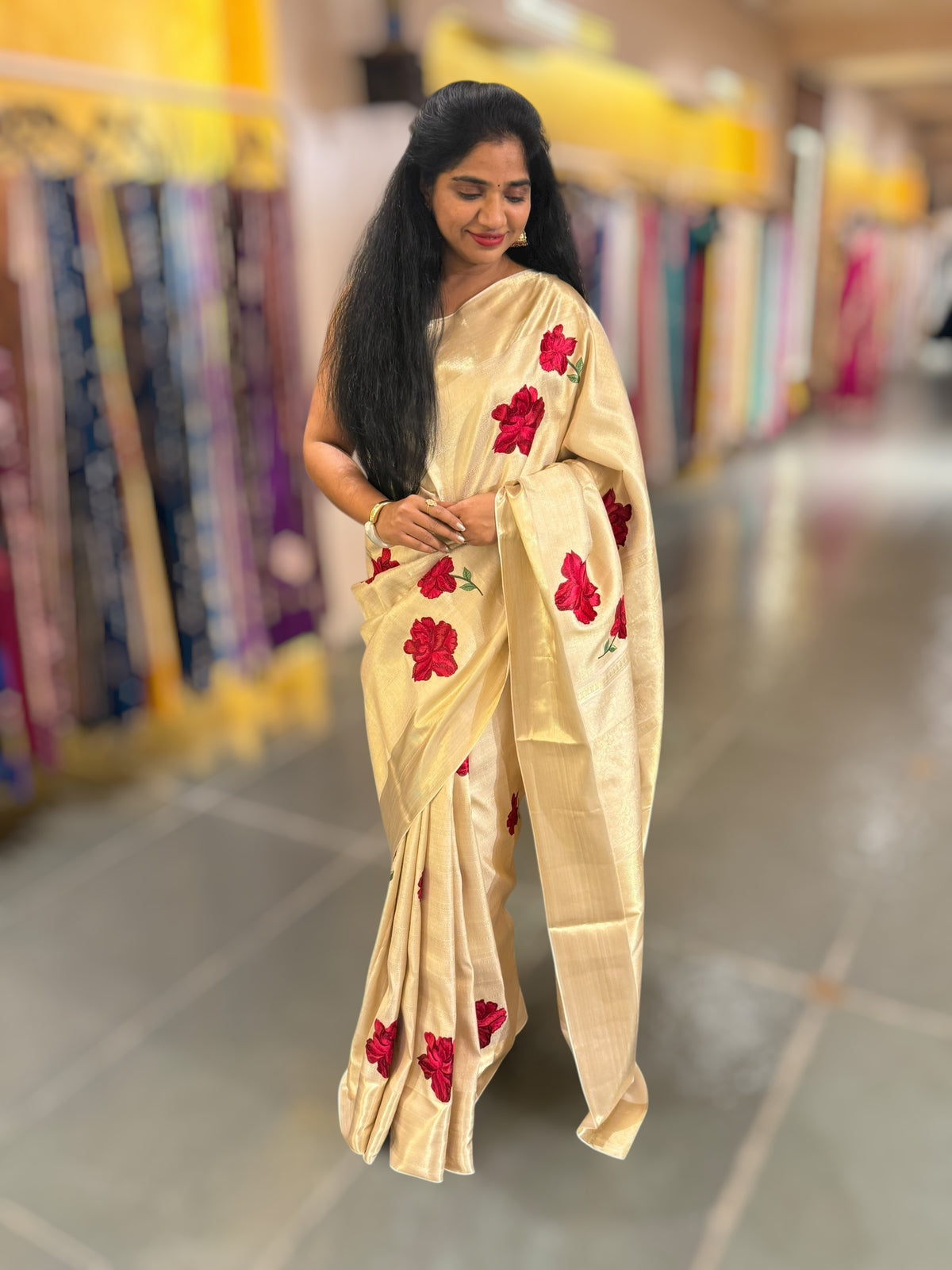 Ivory Kanjeevaram Brocade Saree With Hibiscus Floral bunches embroidery