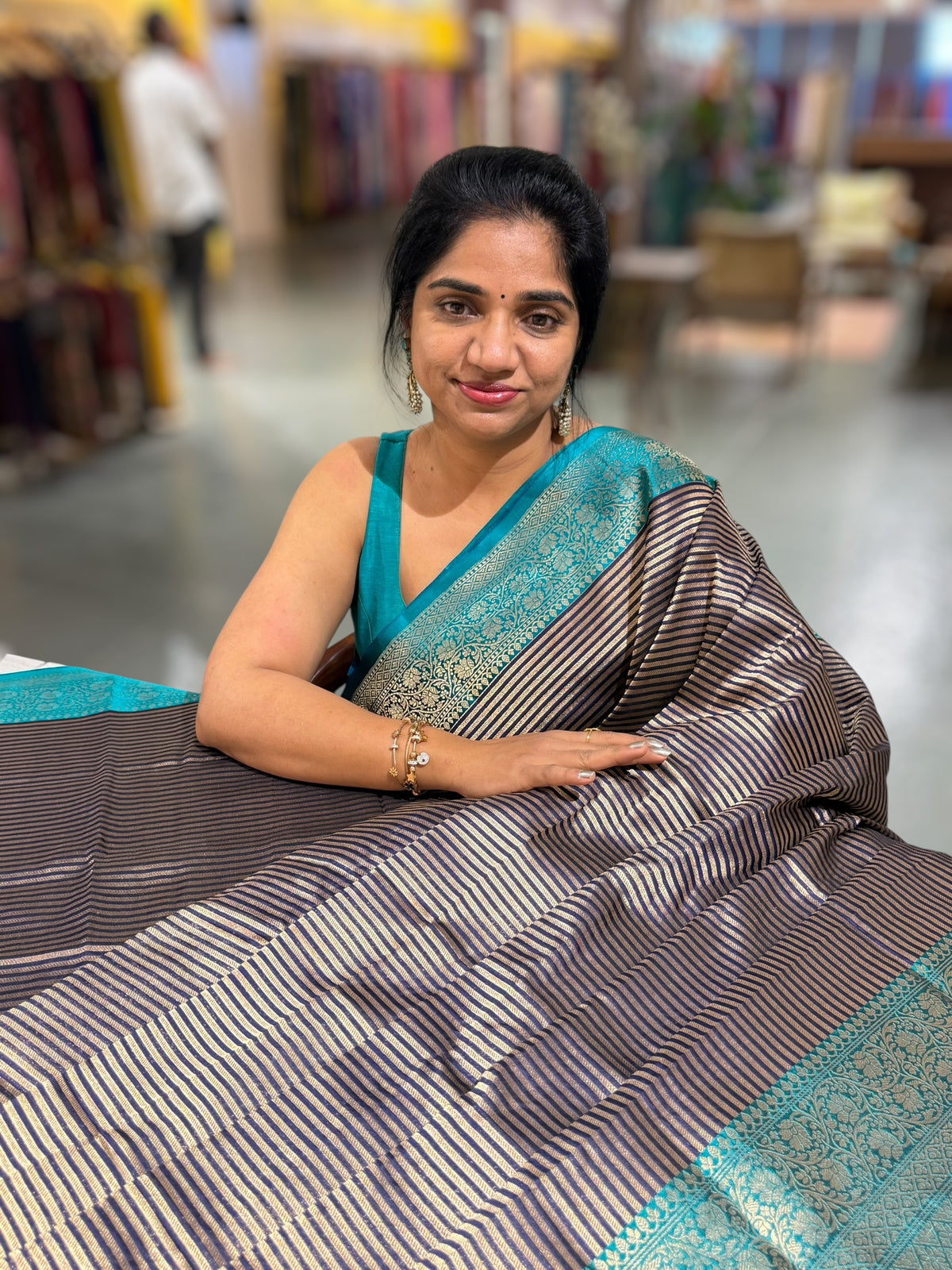 Navy Blue Banarasi Silk Stripes Saree