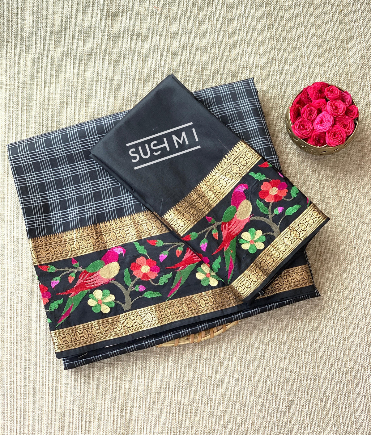 Black Vintage checks Kanjeevaram soft silk saree with embroidery D62F042