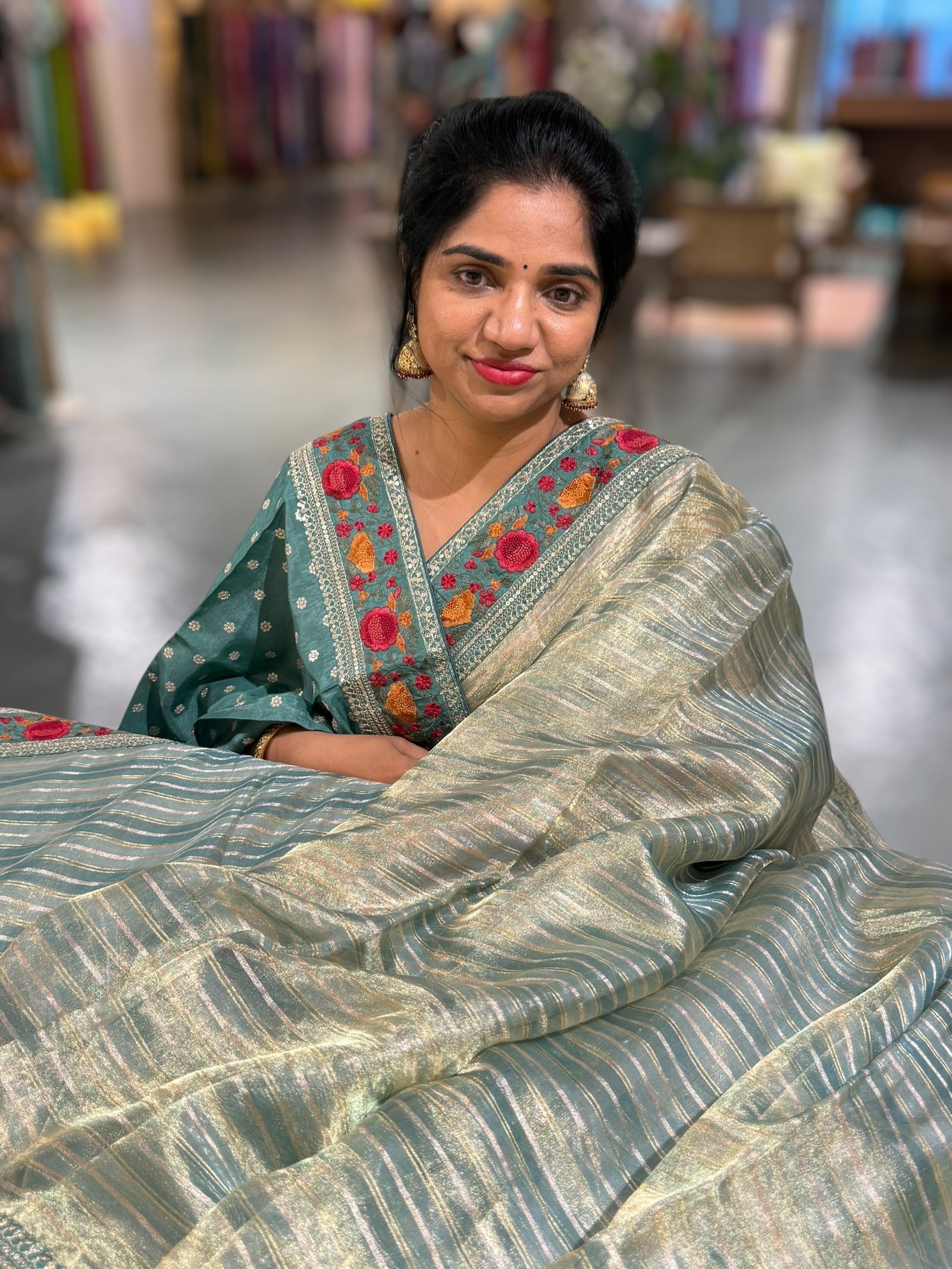 Sage Green Kora Tissue Stripes Saree with Sabhyasachi Style Embroidered Borders & Blouse