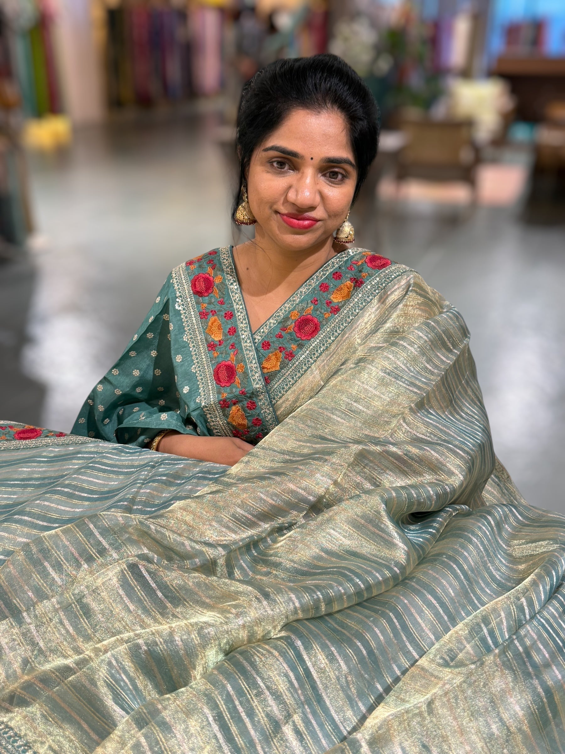 Sage Green Kora Tissue Stripes Saree with Sabhyasachi Style Embroidered Borders & Blouse