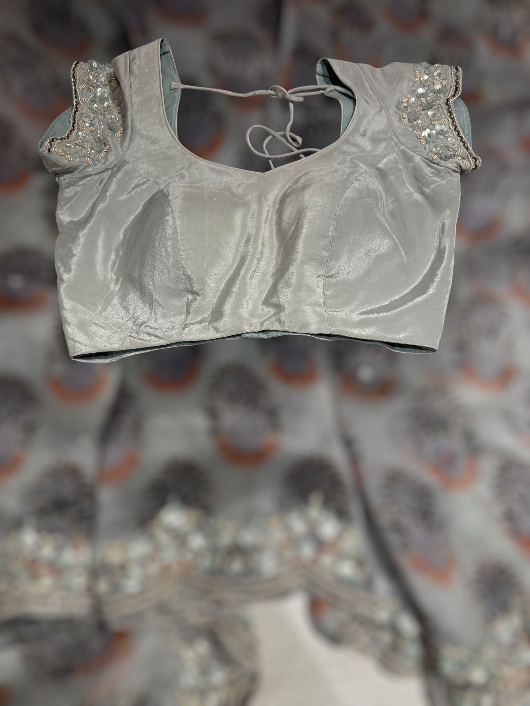 Grey Organza Sabhyasachi printed saree with handwork border paired  with ready to wear blouse