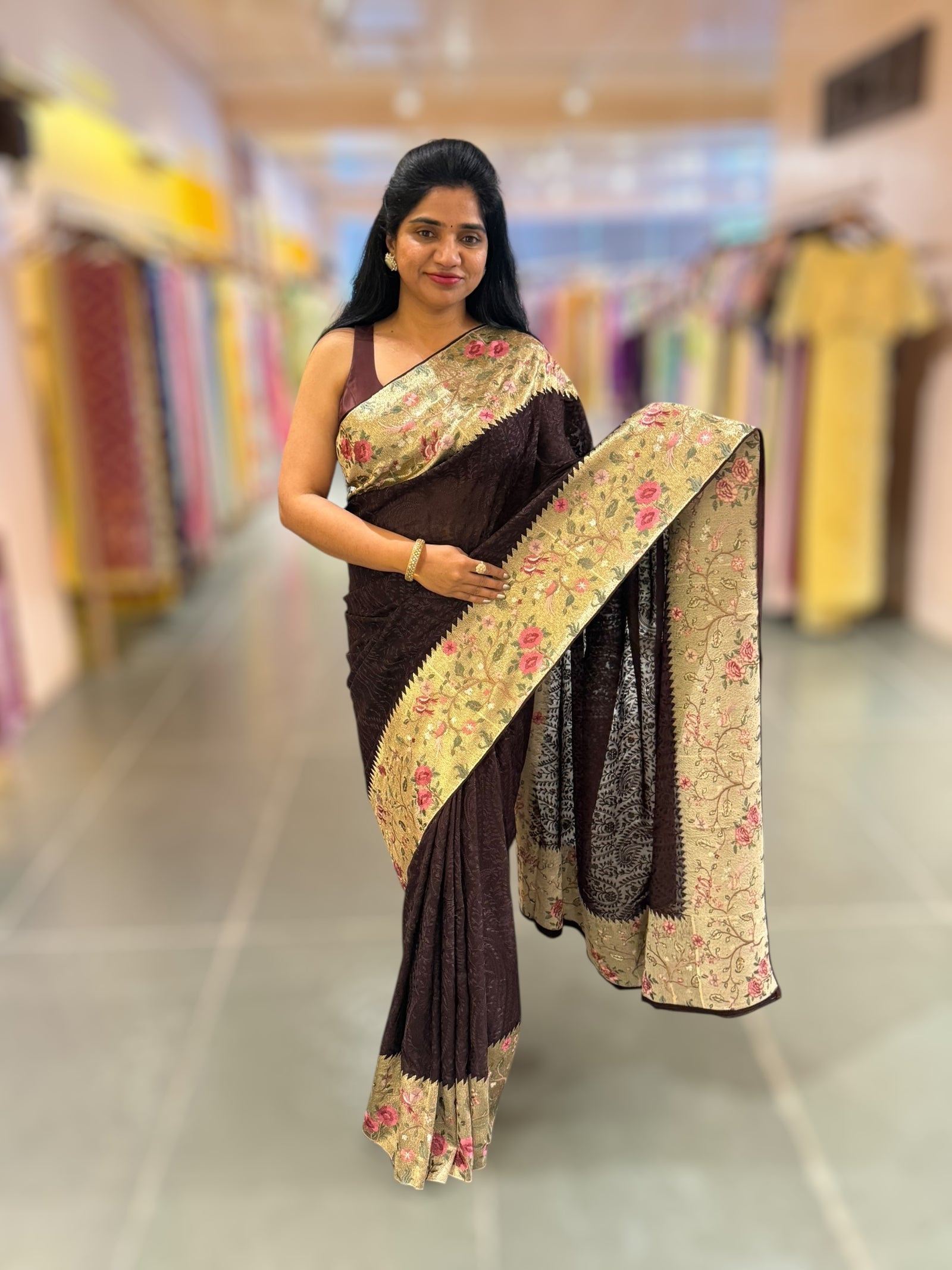 Brown Chikankari Georgette Saree with Tissue embroidered Border