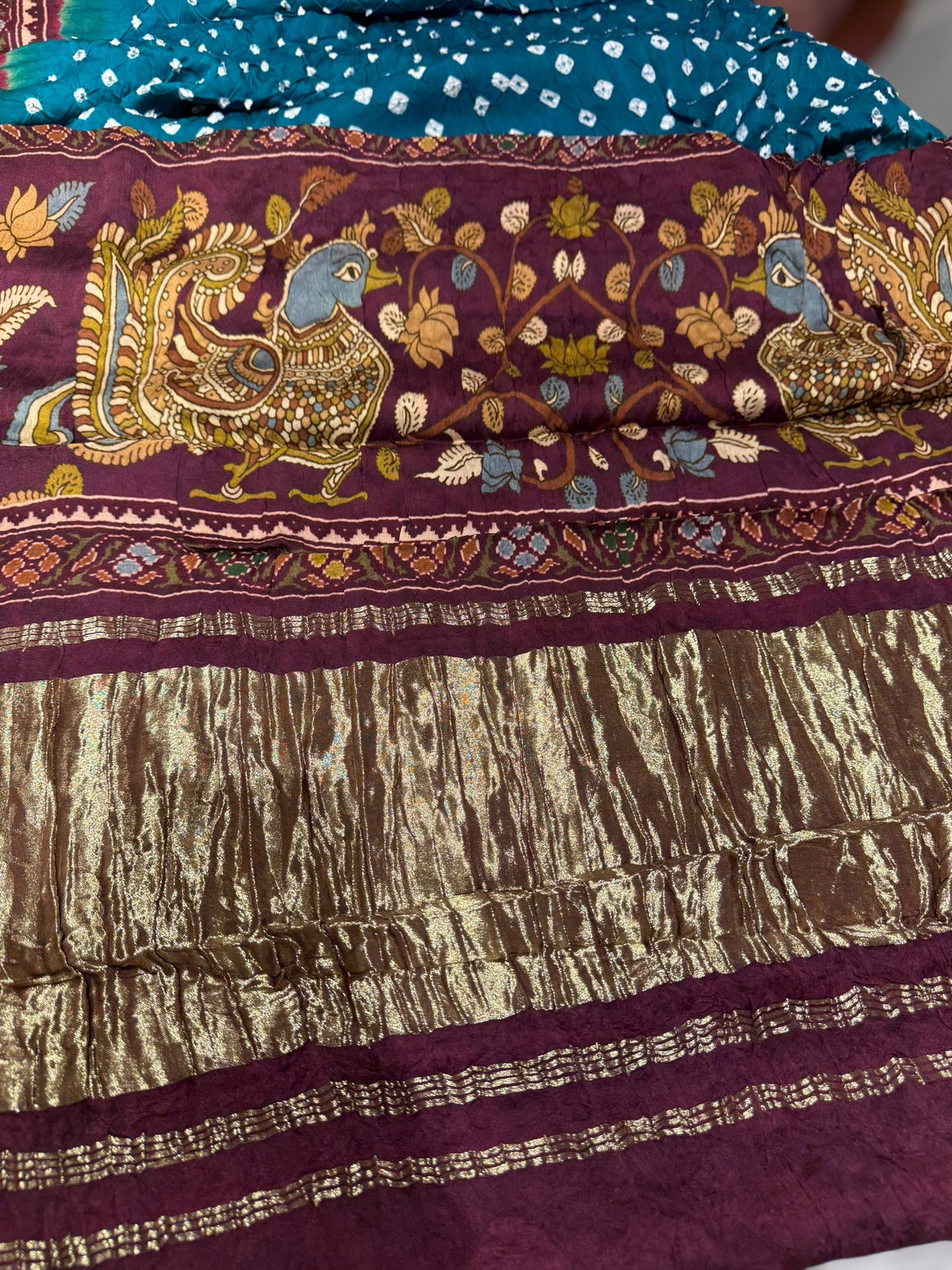 Peacock bandhini kalamkari modal satin saree