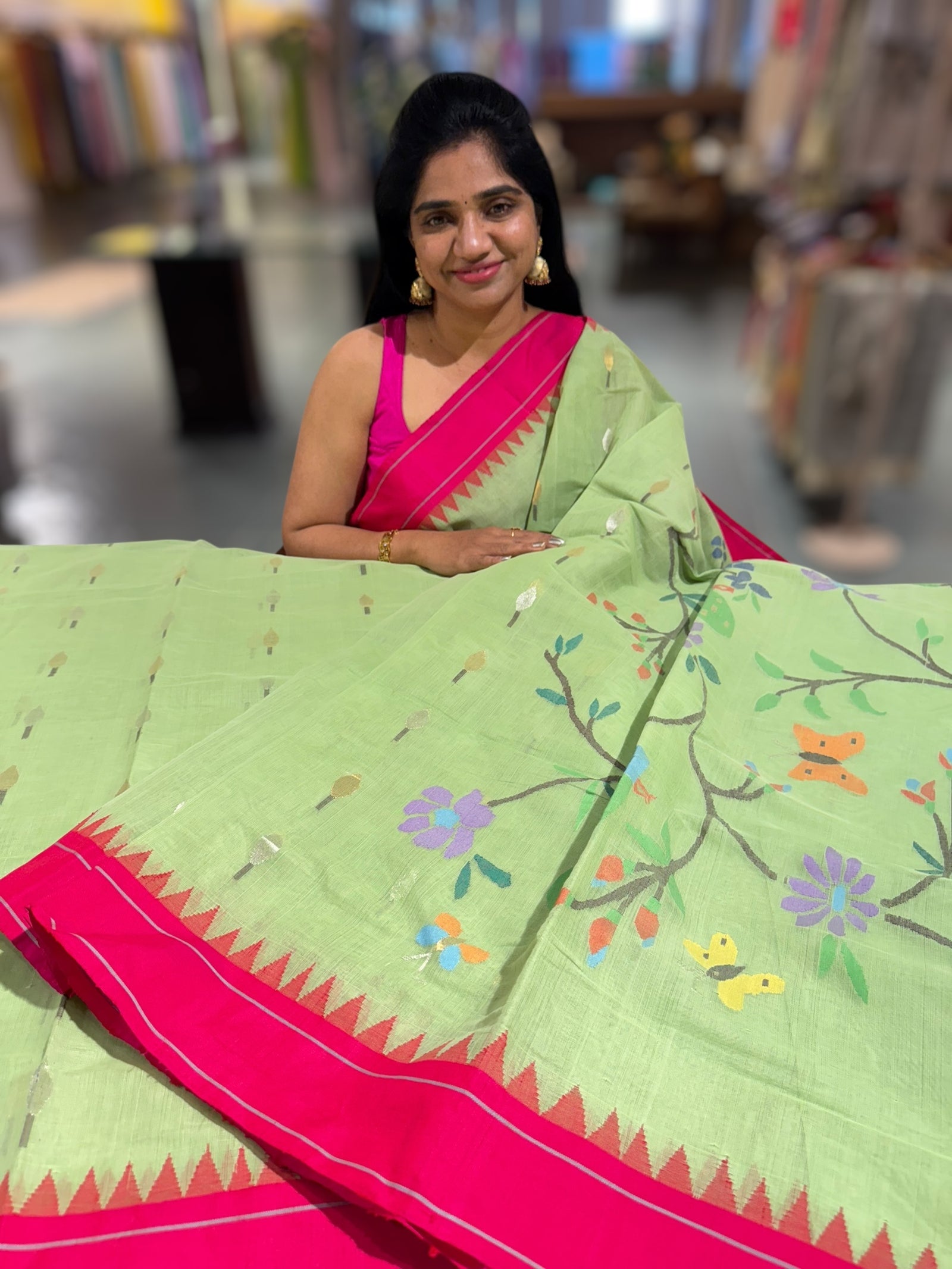 Pista Green pure handloom Ponduru Khadi jamdani Saree