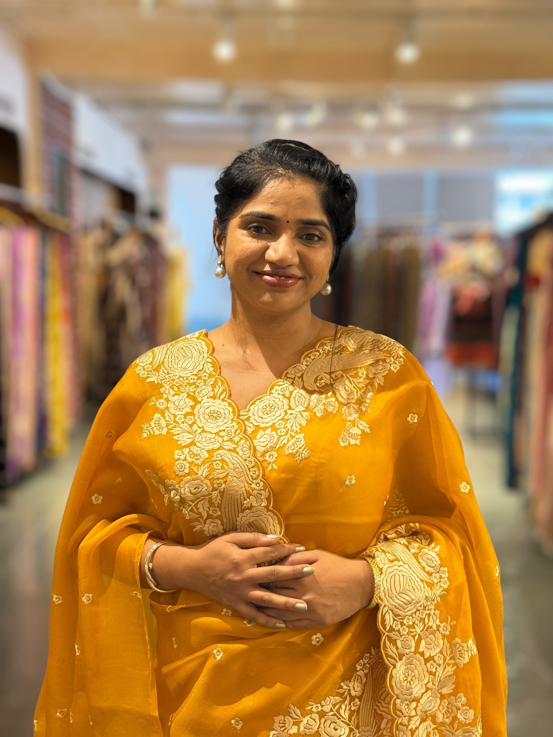 Mustard Organza Saree with Parsi Gara Embroidered Border