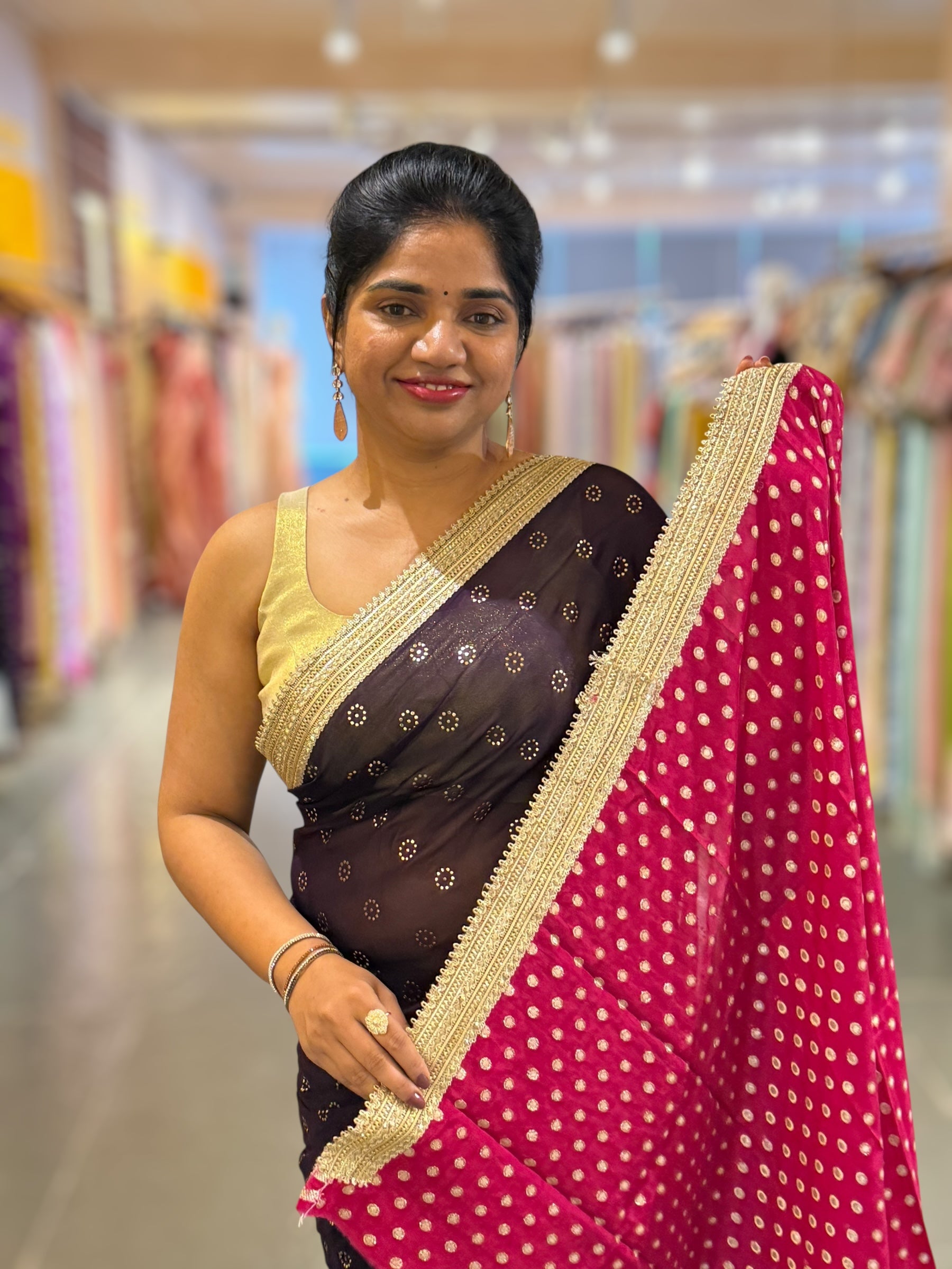 Violet Georgette Saree with stick on Badla in flower pattern