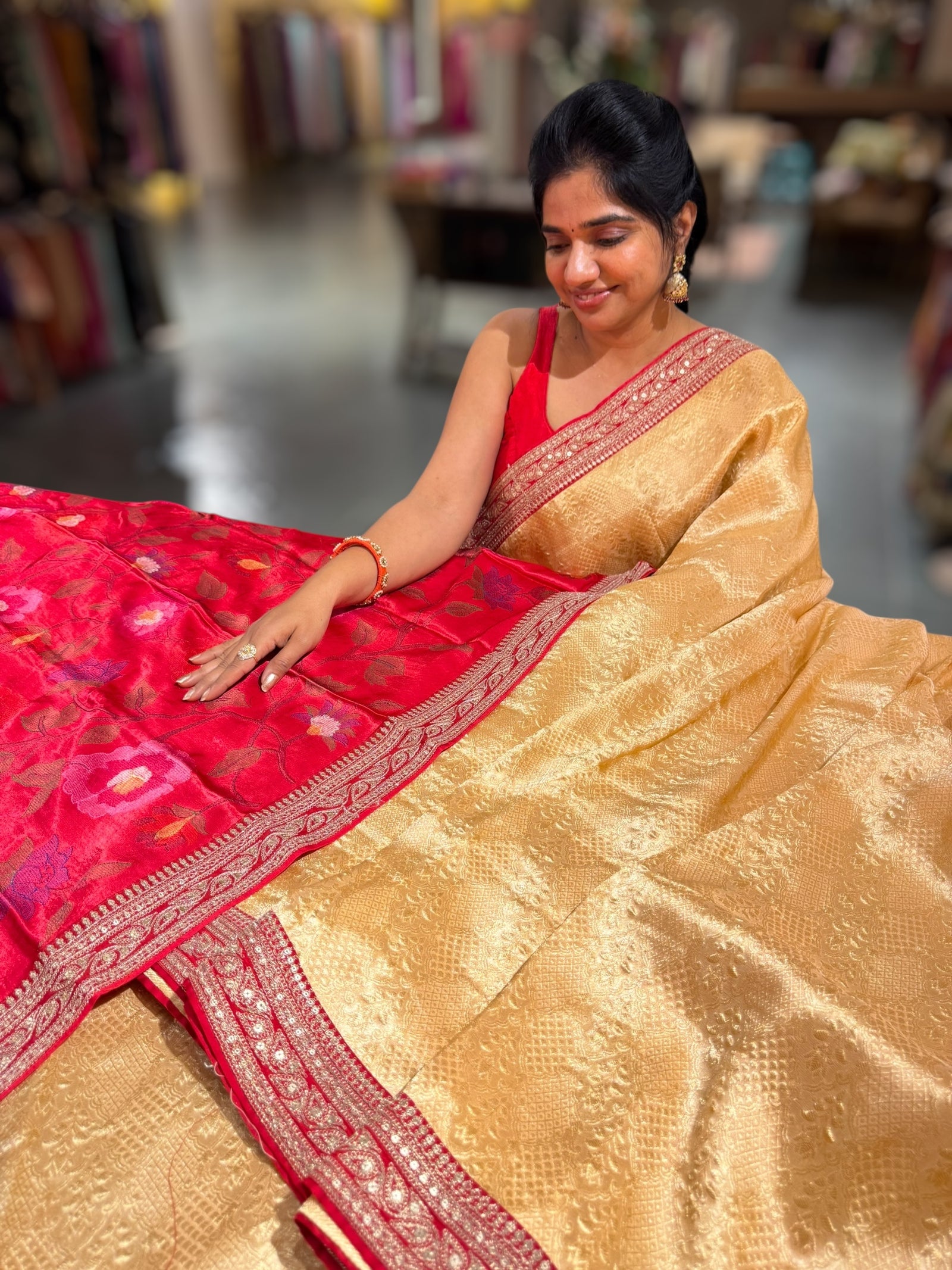 Peach & Reddish Pink Combo Banarasi Tissue Brocade saree