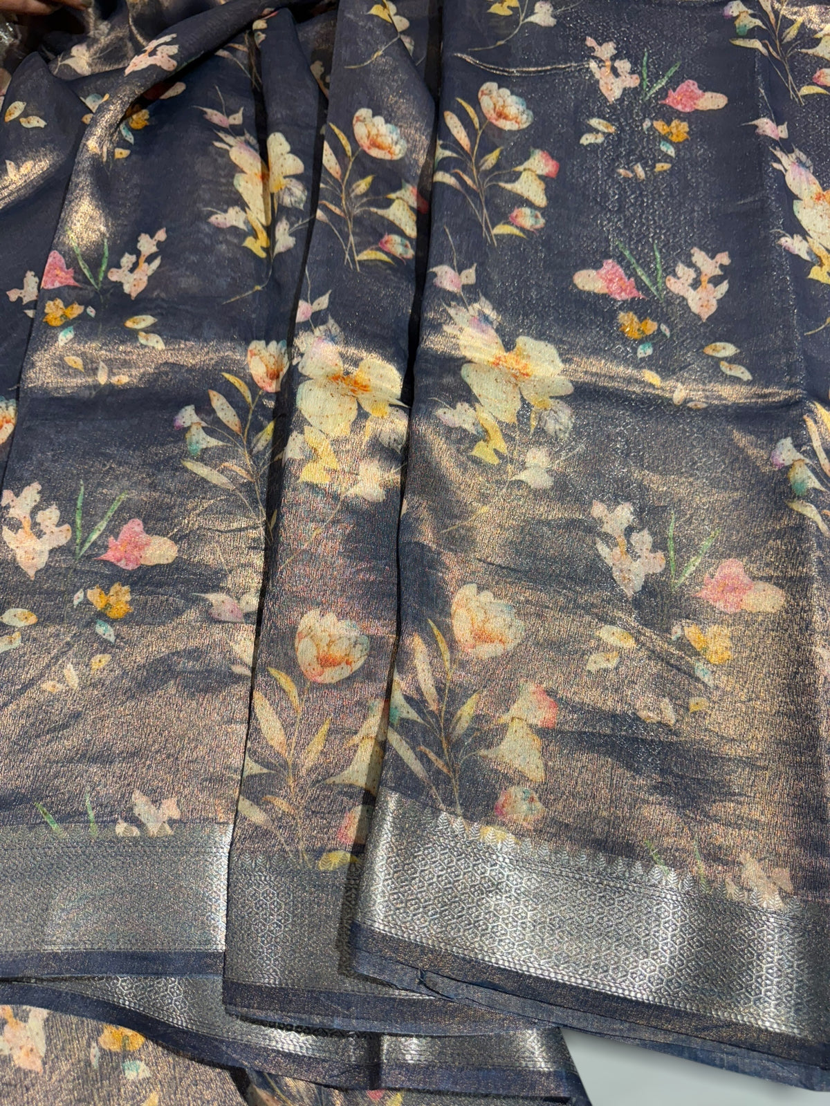 Midnight Blue Printed Banarasi Cotton Tissue