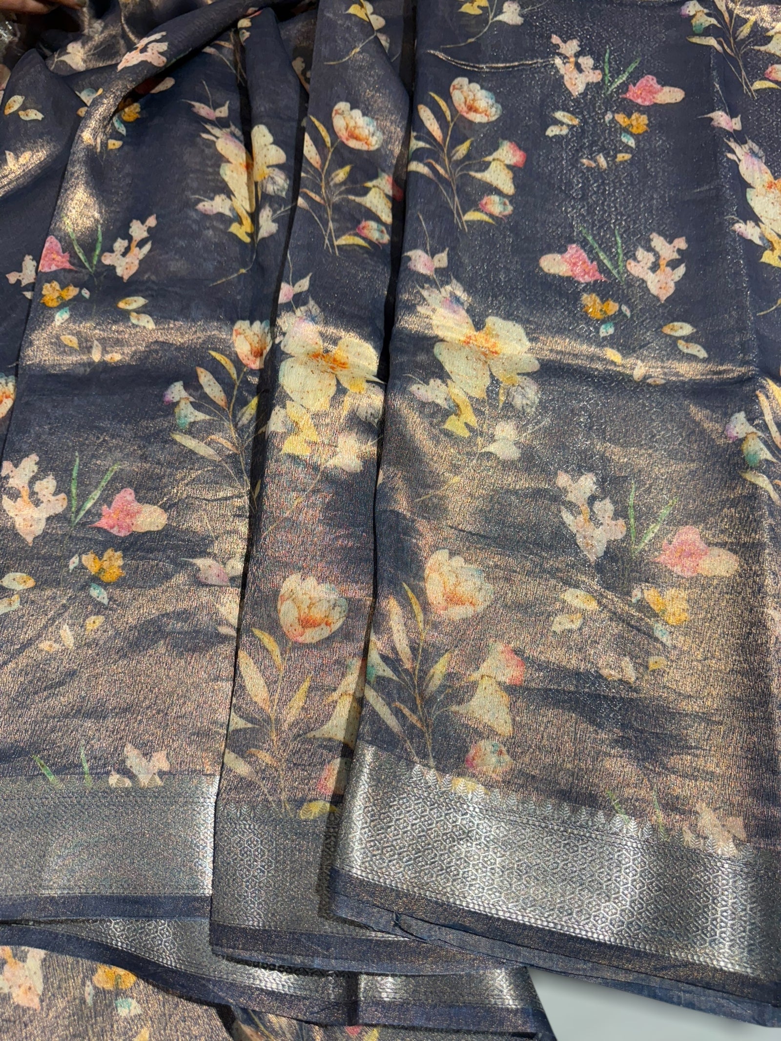 Midnight Blue Printed Banarasi Cotton Tissue