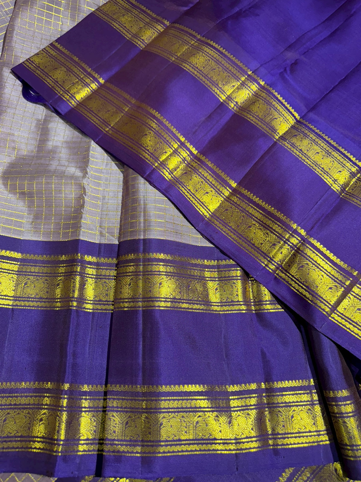 Mauve & Brinjal Combo Kanchipuram Vintage checks Saree with gap borders
