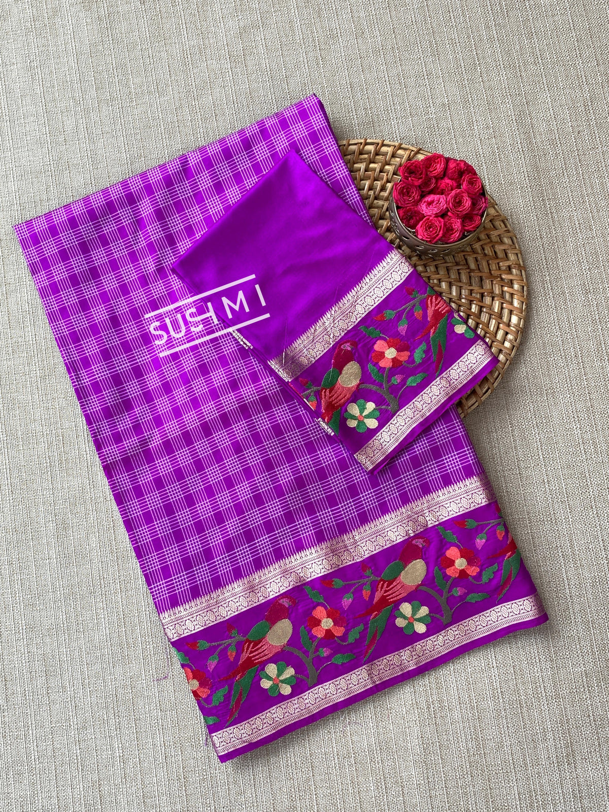 Majenta Vintage checks Kanjeevaram soft silk saree with embroidery D62F041