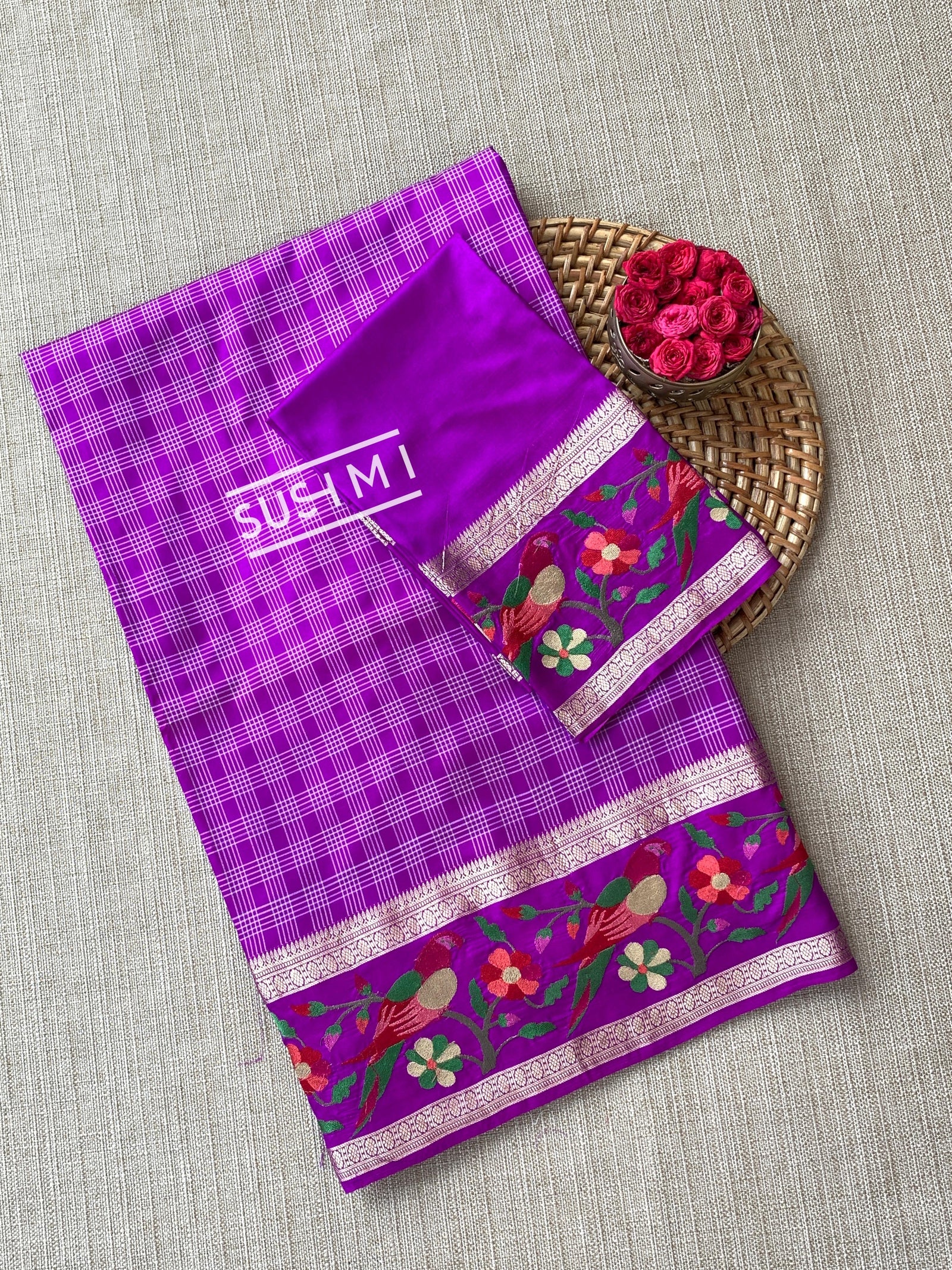 Majenta Vintage checks Kanjeevaram soft silk saree with embroidery D62F041