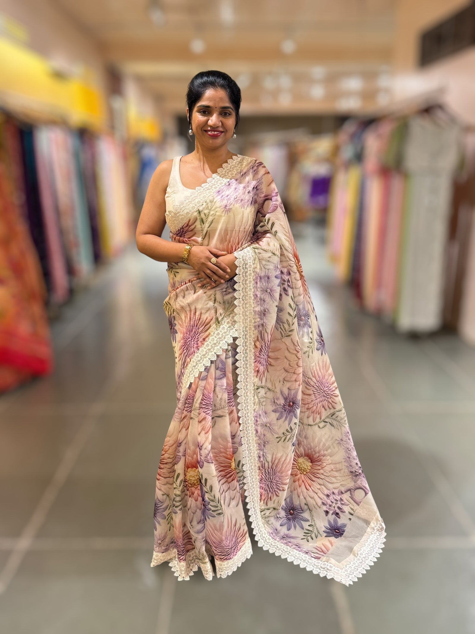 Ivory Organza 3D floral Printed Saree hemlined with crotia lace