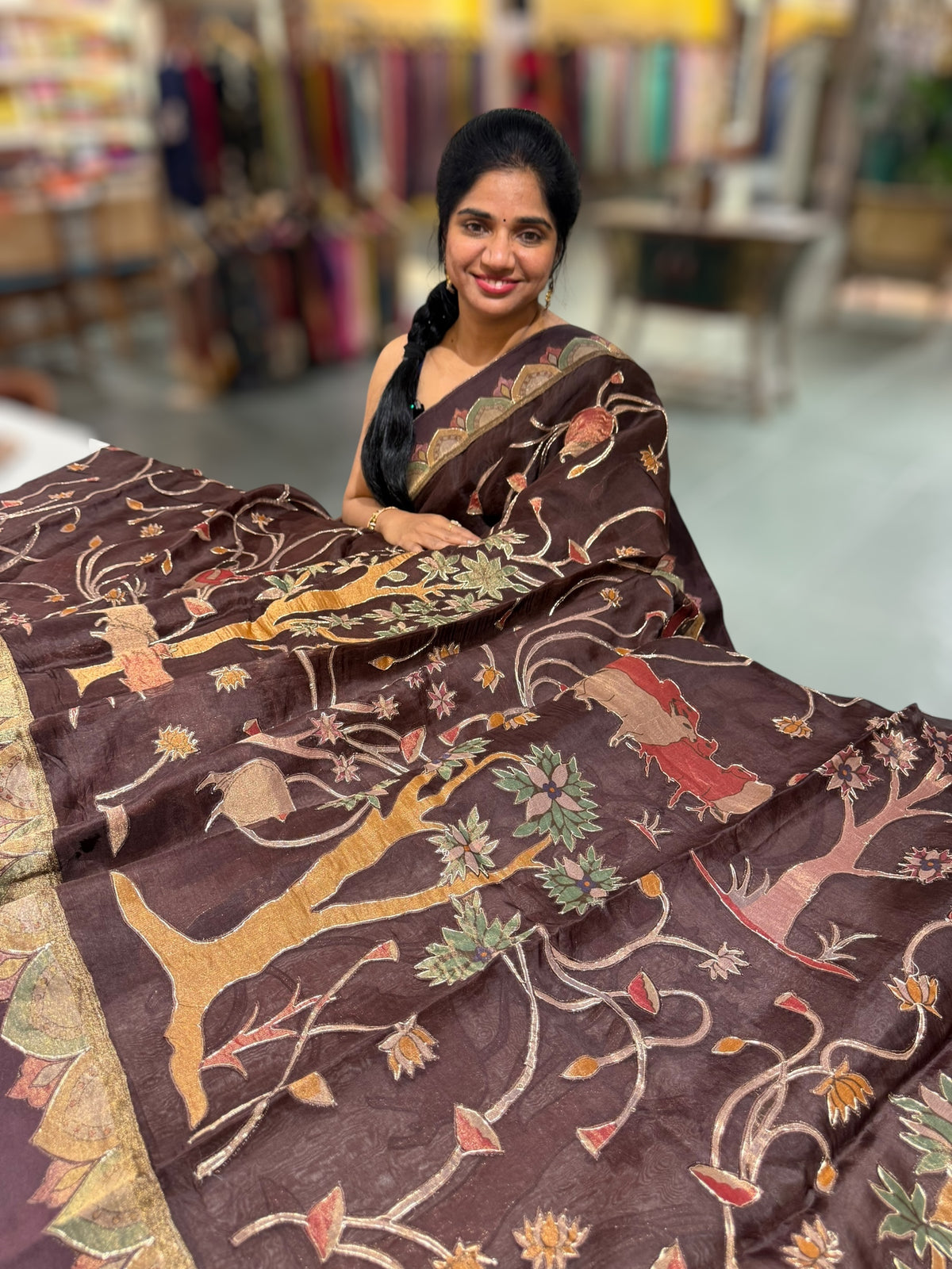 Brown Designer Organza Saree with Stunning Tissue Applique work Saree with Village theme