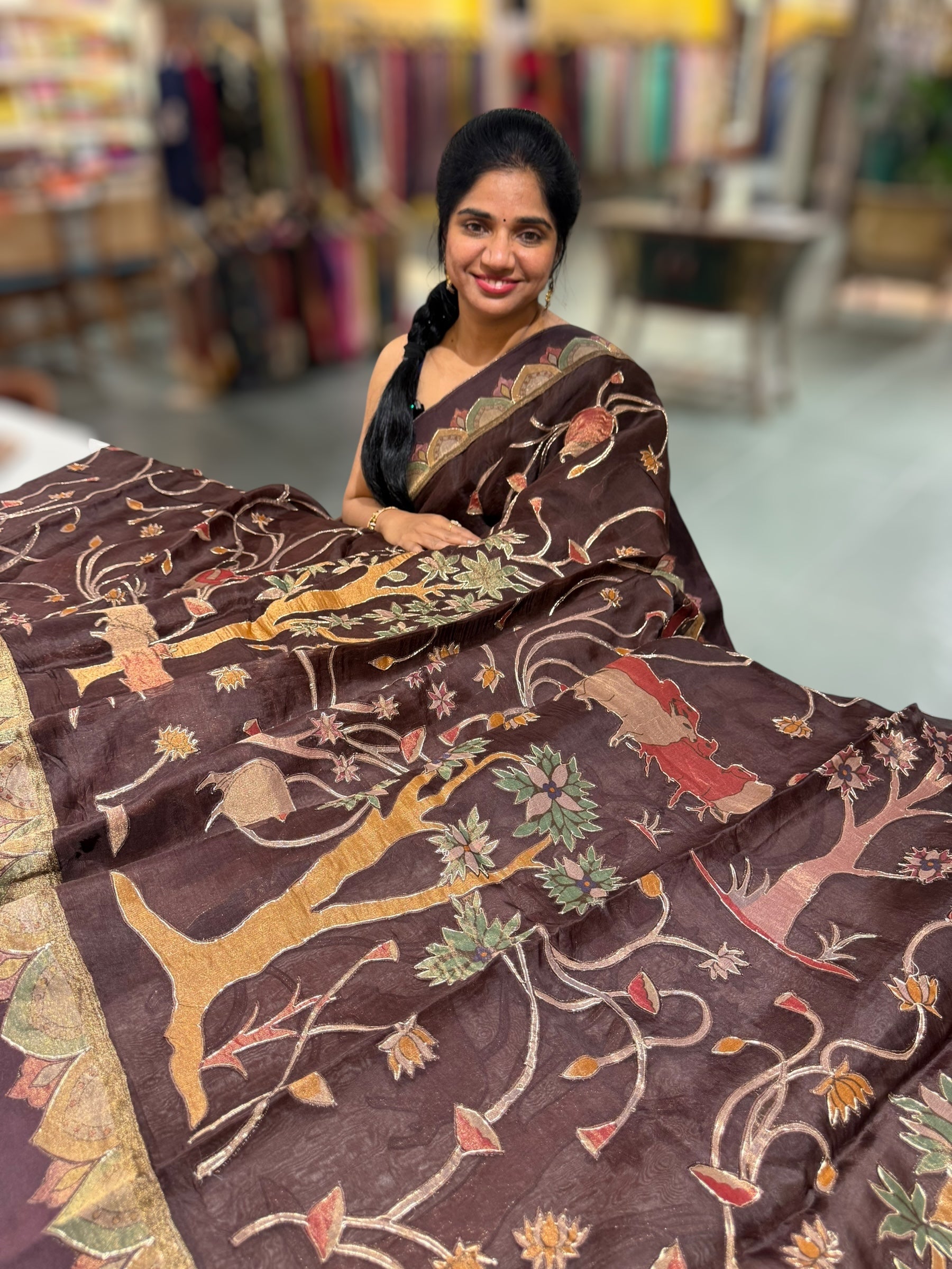 Brown Designer Organza Saree with Stunning Tissue Applique work Saree with Village theme