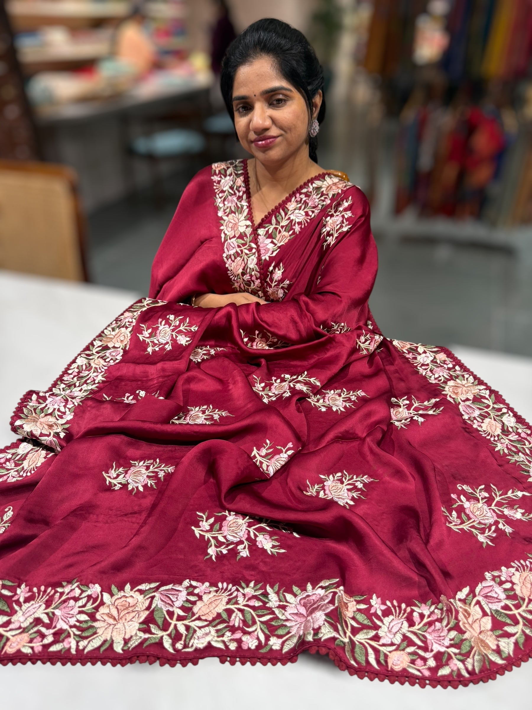 Burgundy Satin Saree with Parsi Gara embroidery