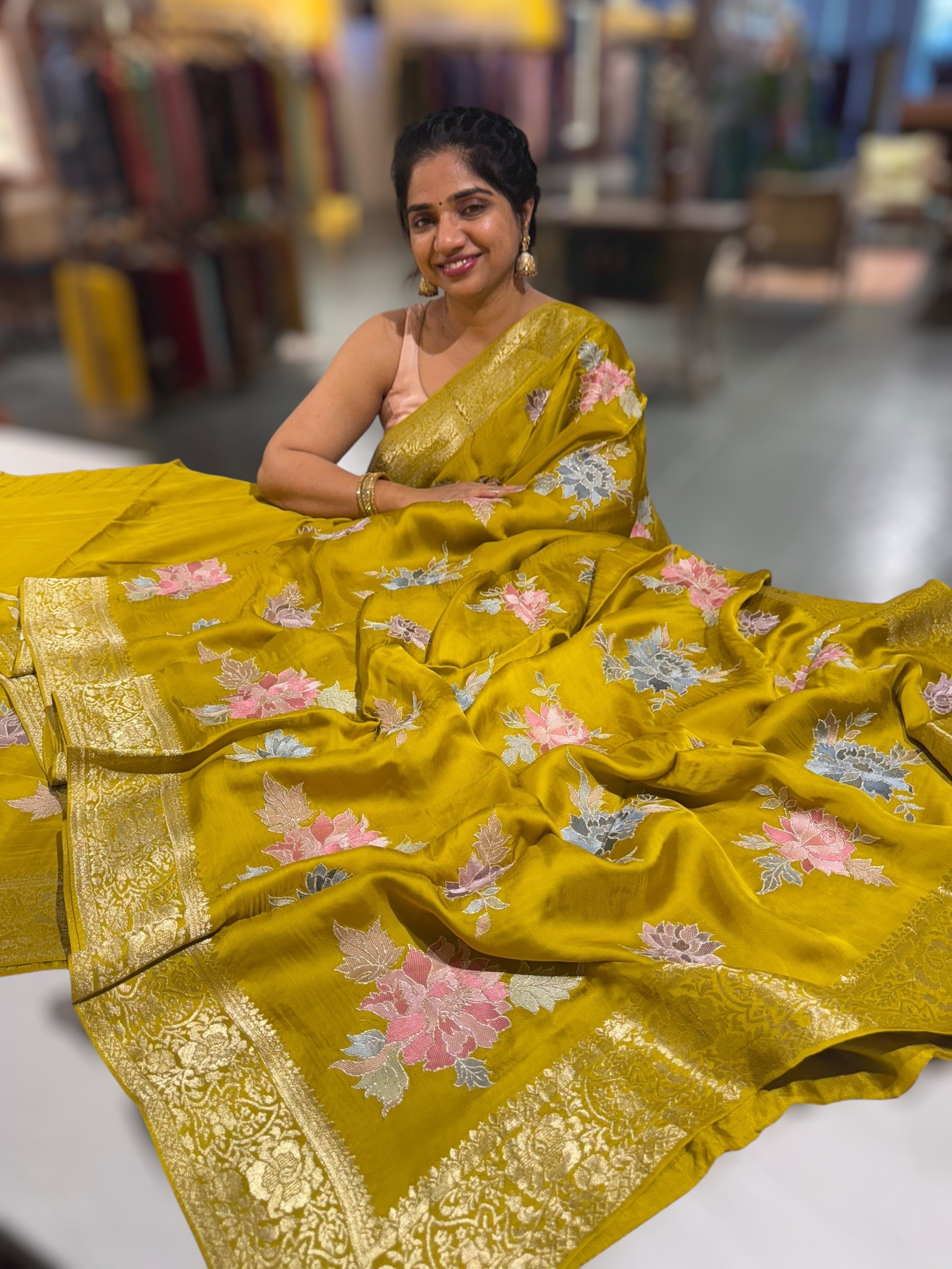 Lemon Greenish Yellow Mashru Satin Saree with Allover Floral embroidery