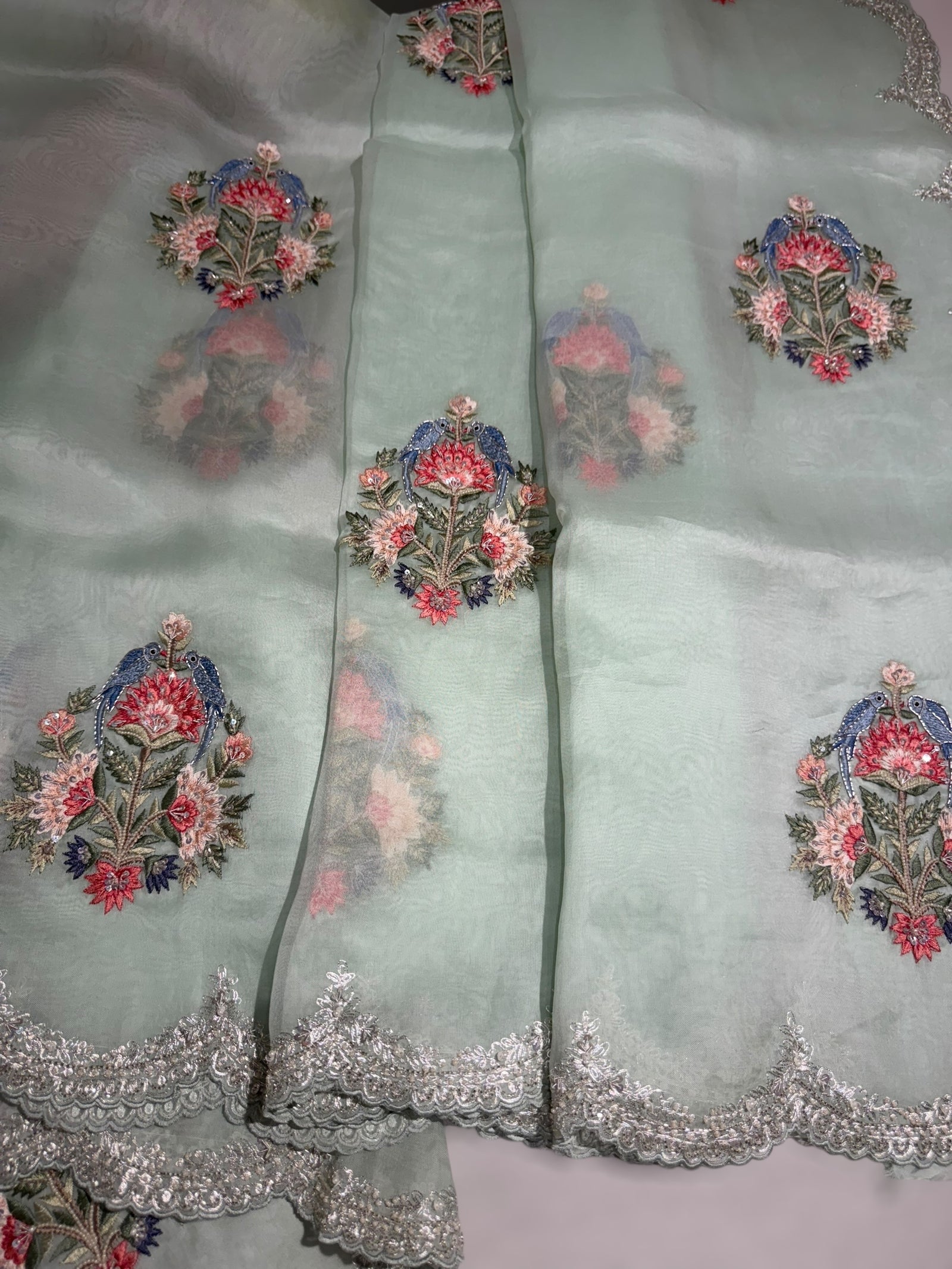 Pastel Blue pure Organza handwork saree
