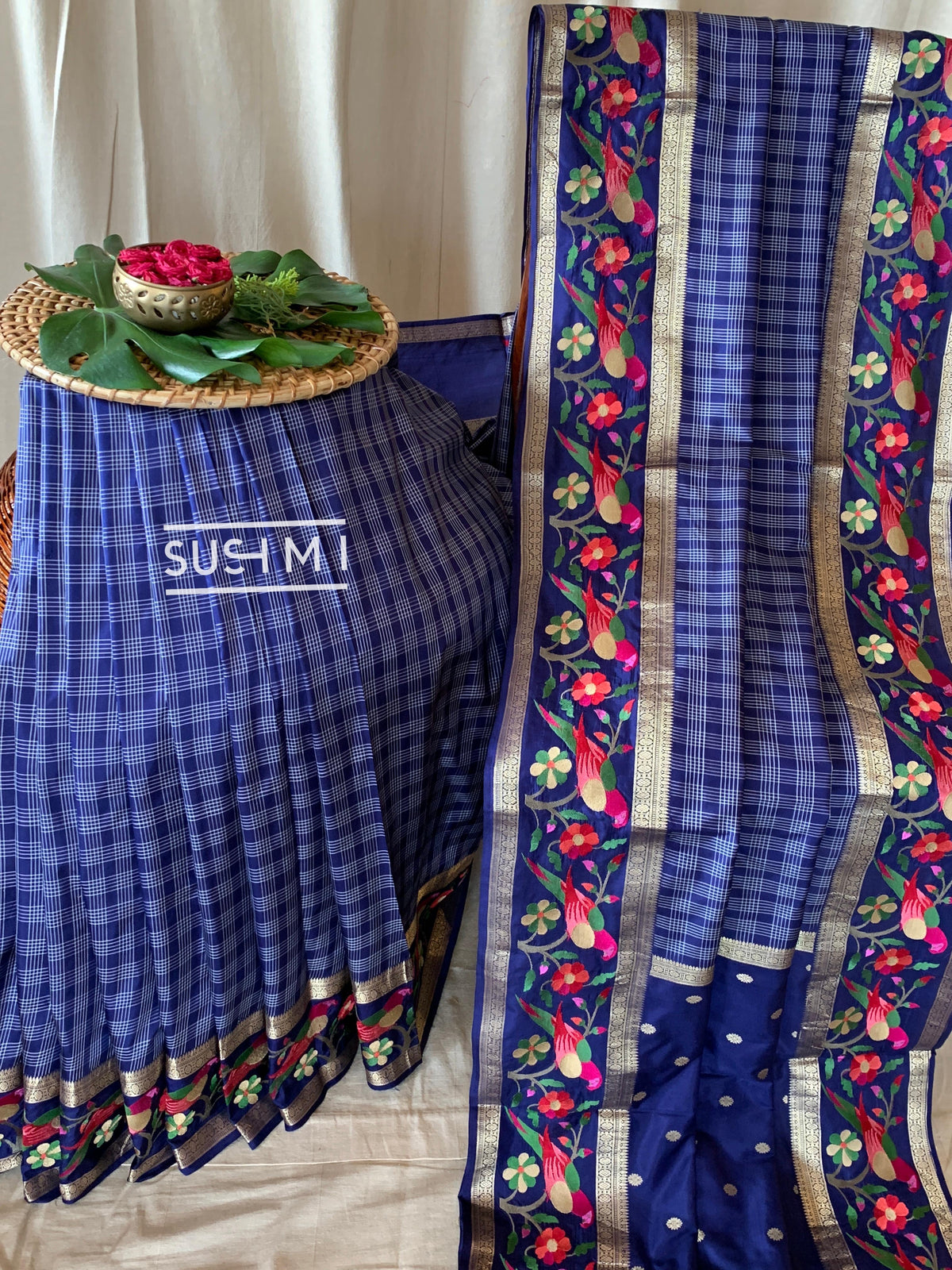 Midnight Blue Vintage checks Kanjeevaram soft silk saree with embroidery D62F040