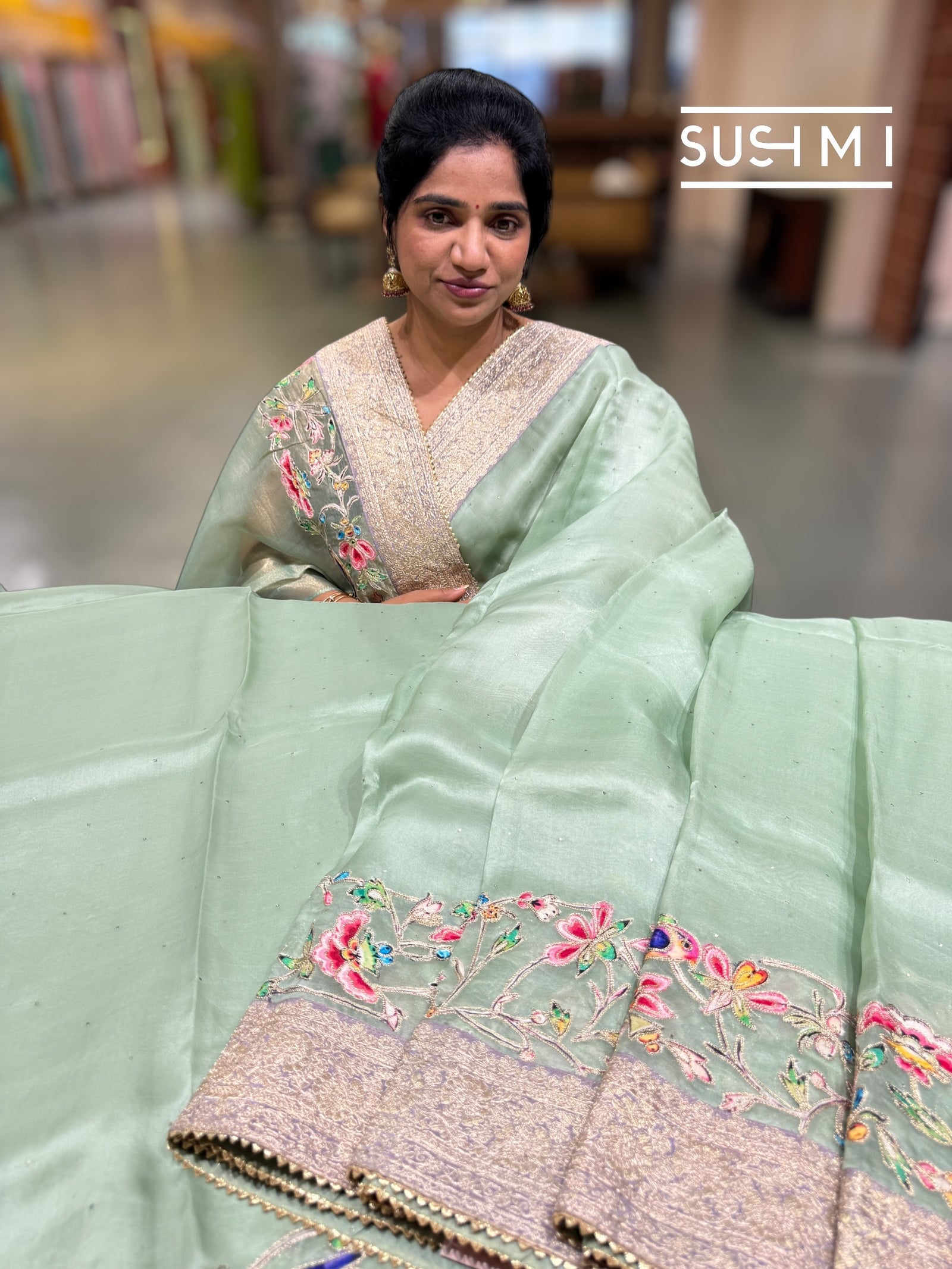 Mint Organza Banarasi Fusion Saree with Bird Appliqué : SM021