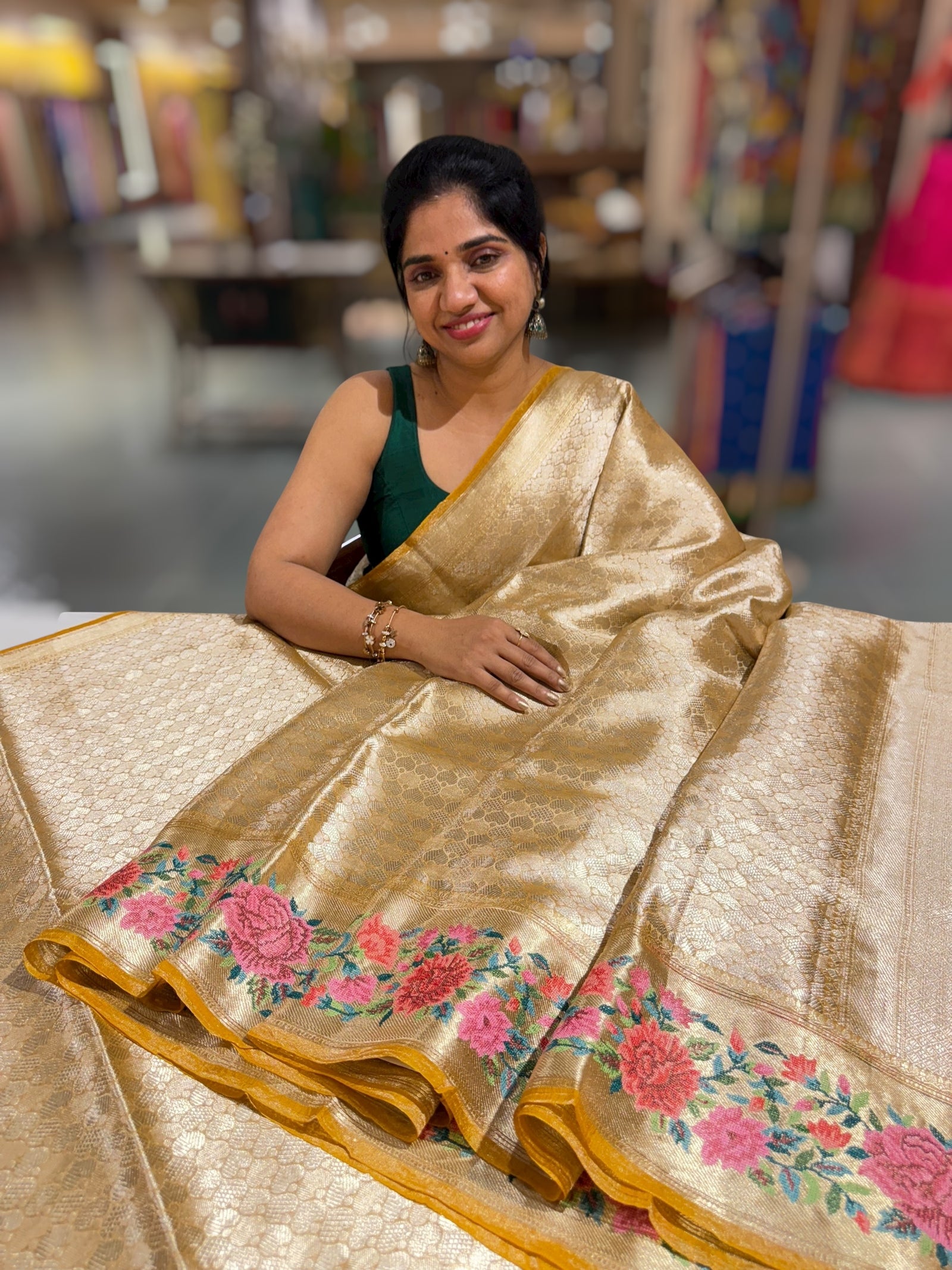 Mustard Banarasi Tissue Brocade Saree with Petite Point Embroidered Border