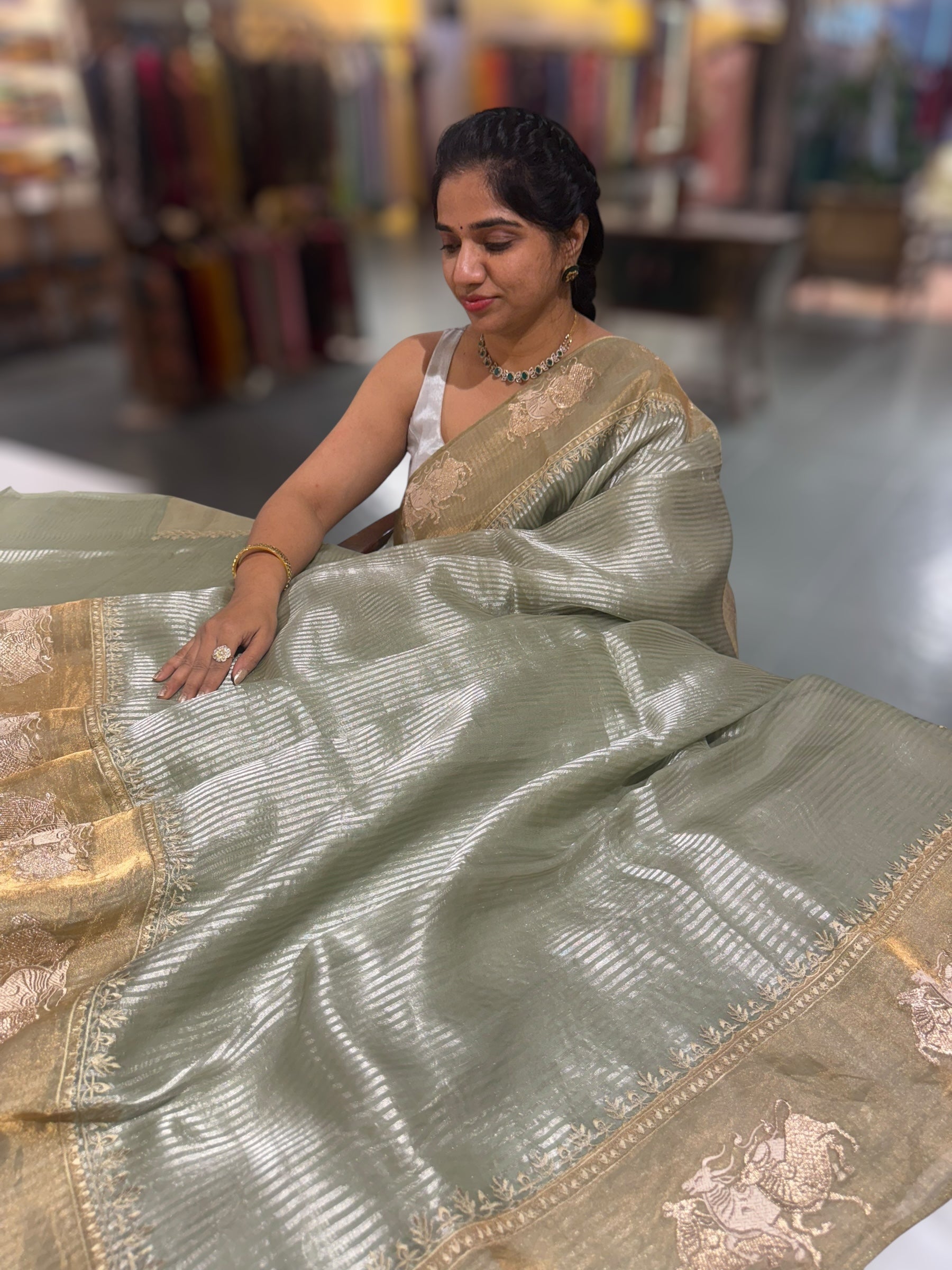 Mint Kora tissue stripes Saree with Nandi embroidered tissue border