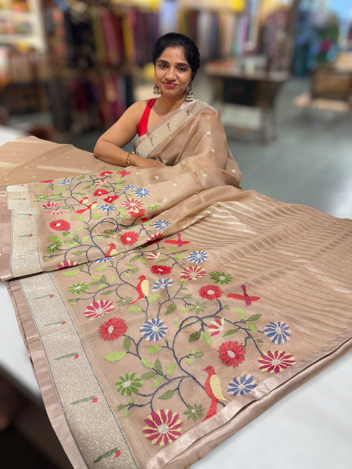 Light Brown Earthy Tone Pure Organza Saree with pythani insipred embroidery