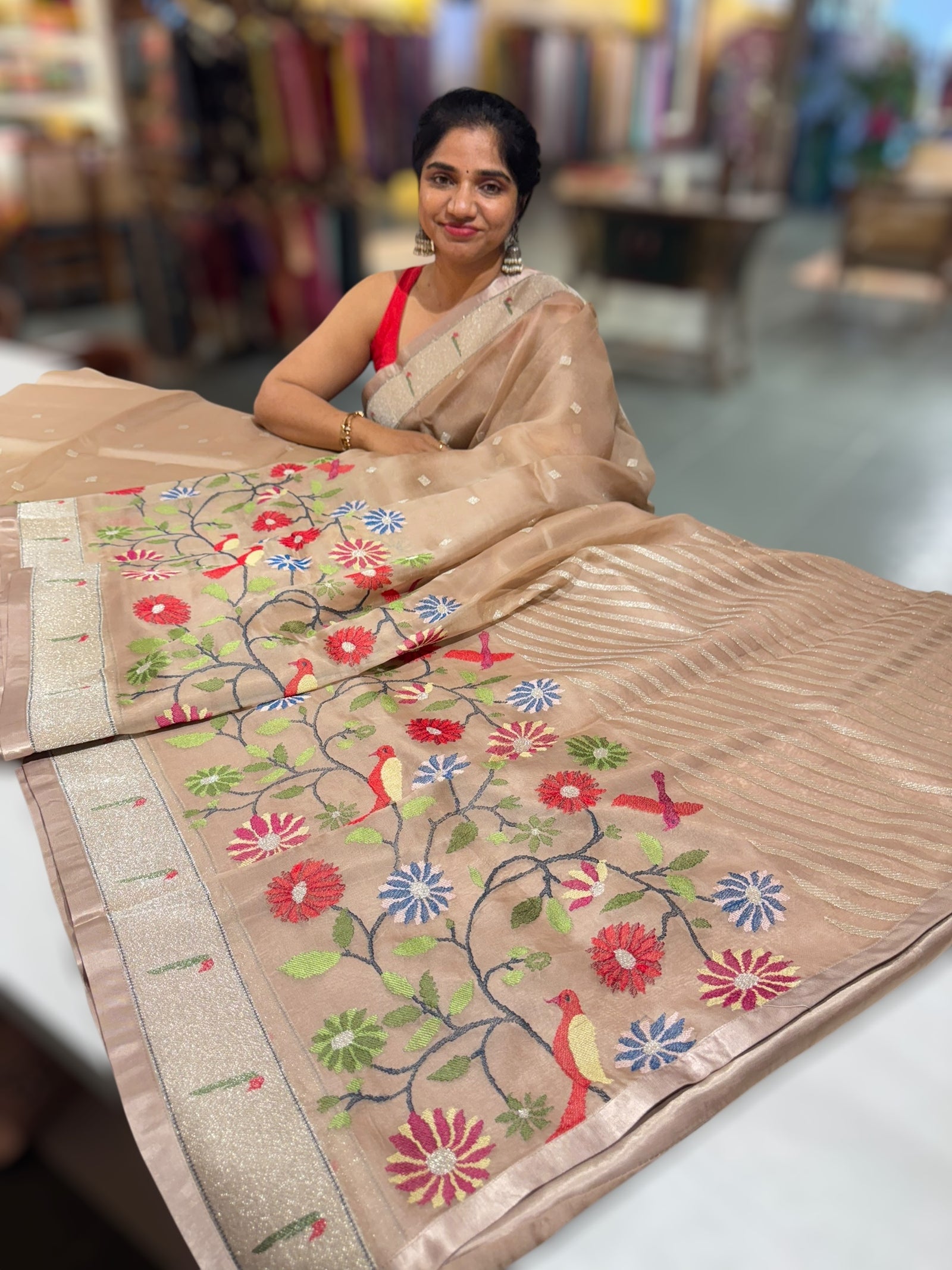 Light Brown Earthy Tone Pure Organza Saree with pythani insipred embroidery