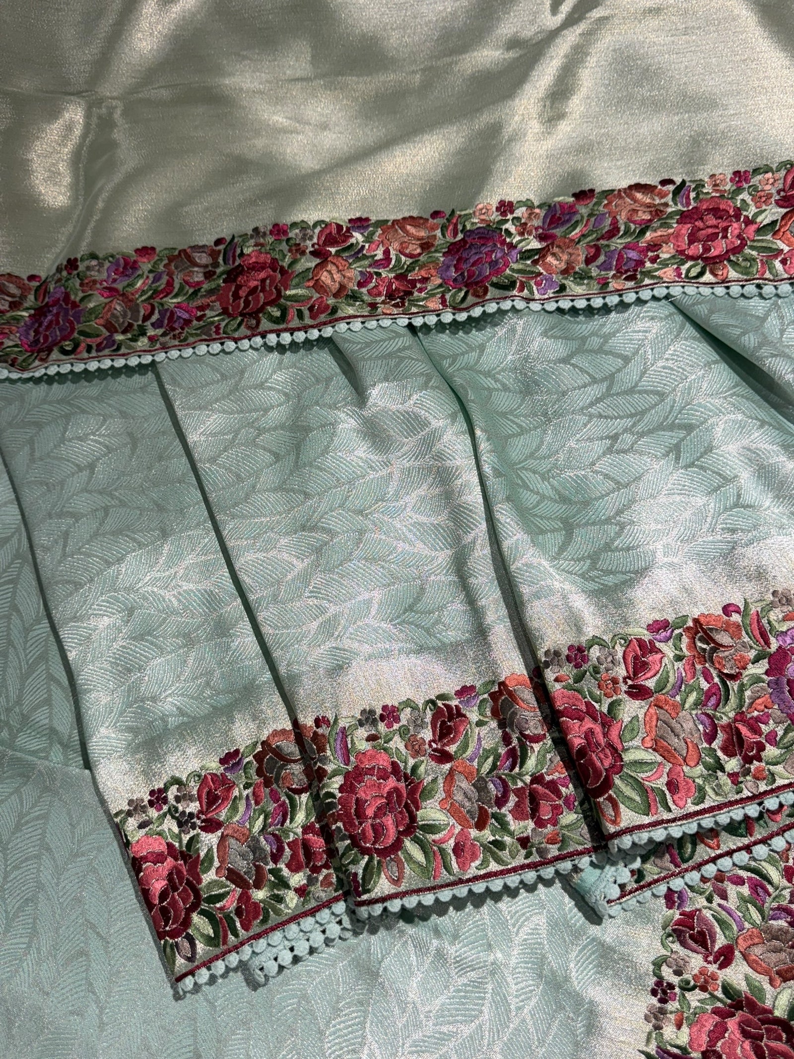 Mint Blue Banarasi Brocade tissue saree with tonchui style weaving and parsi gara embroidered border