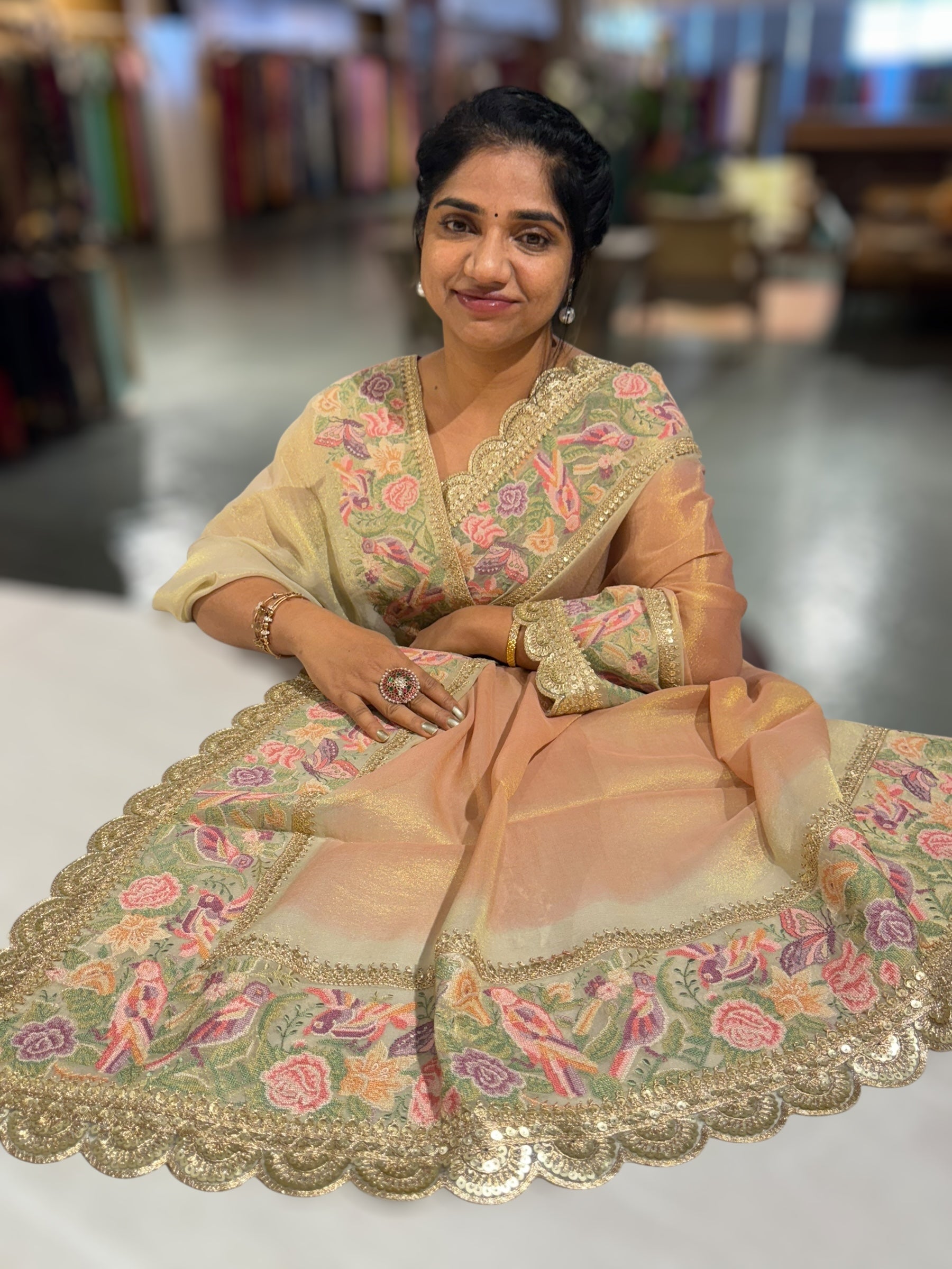 Peach Tissue Gorgette Saree With Petite Point Embroidered Border
