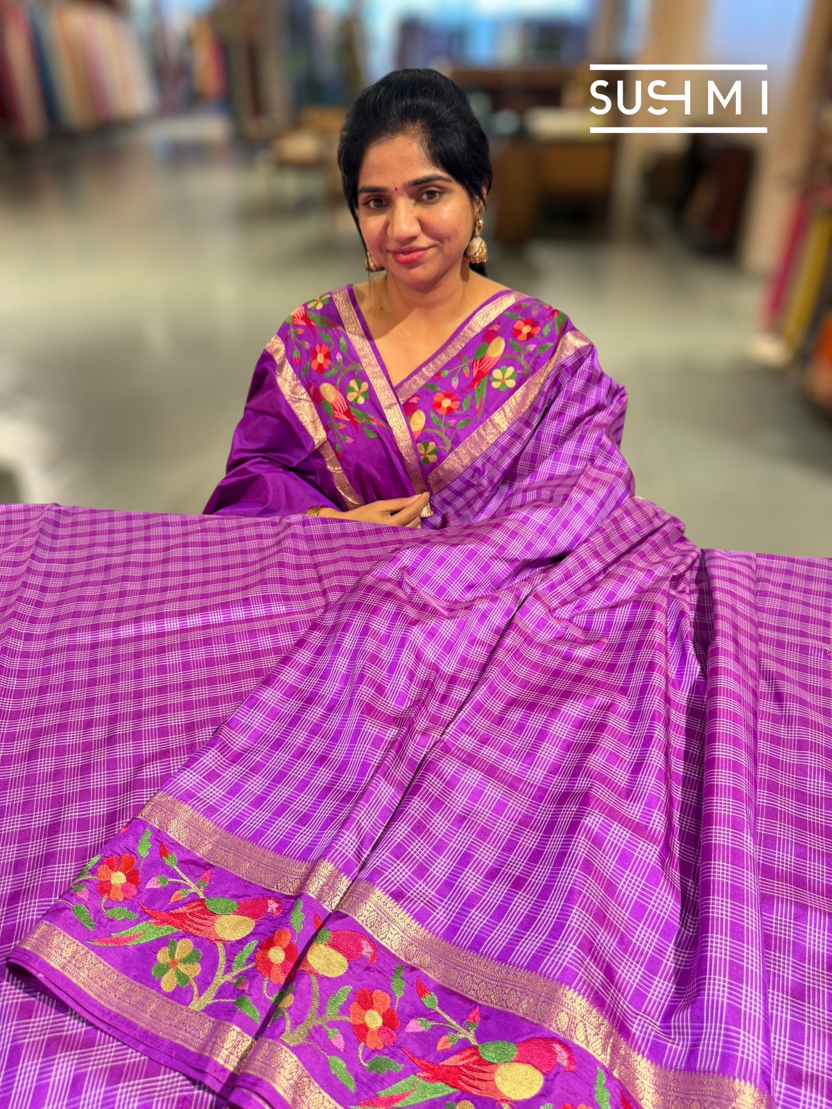 Majenta Vintage checks Kanjeevaram soft silk saree with embroidery D62F041