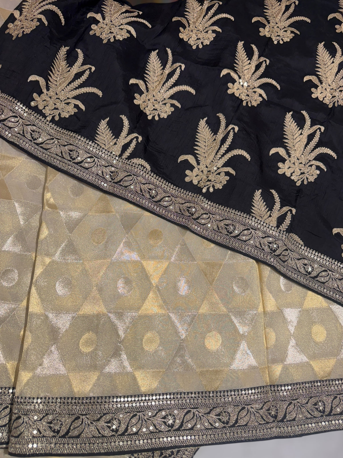 Beige Tissue Saree with Black Sabhyasachi borders
