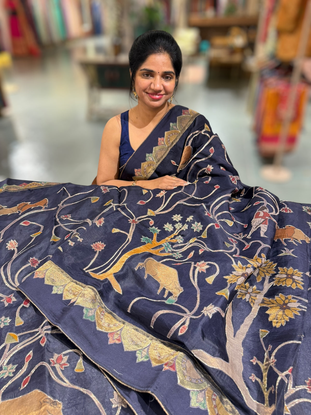 Midnight Blue Designer Organza Saree with Stunning Tissue Applique work Saree with Village theme