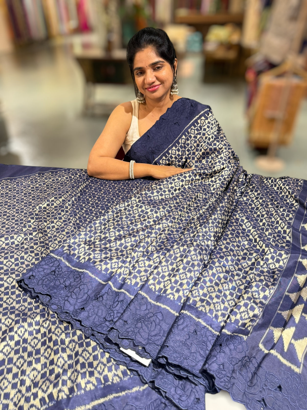 Midnight Blue Cambodian–inspired Ikkat Silk Saree with cutwork Rose Border