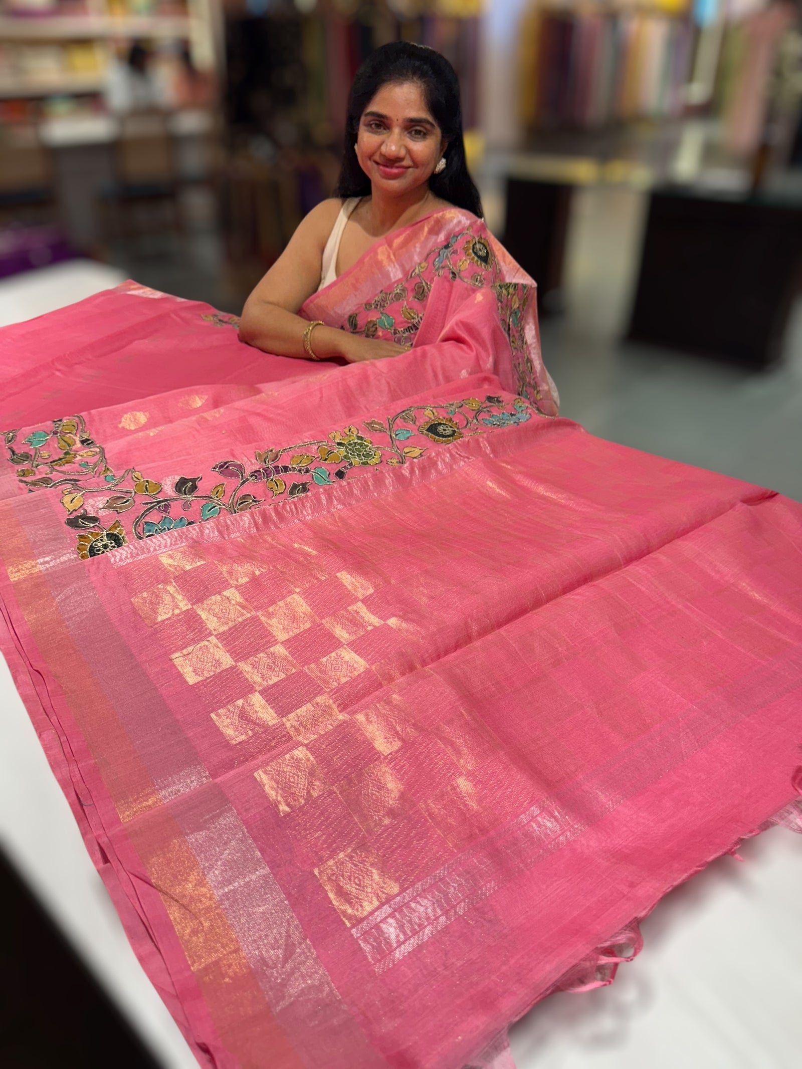 Peach Pink chanderi silk cotton saree with kalamkari applique border