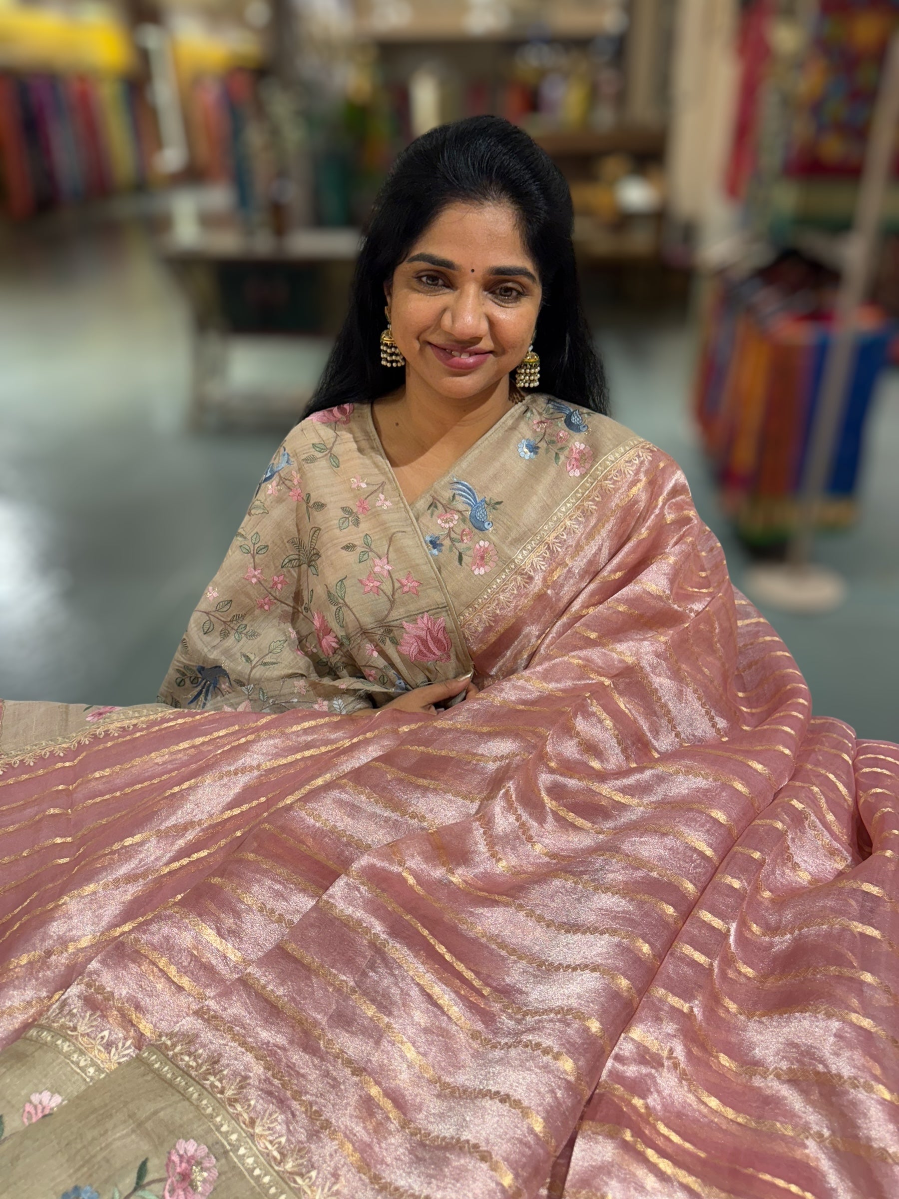 Dusty Pink Pure Handloom Tissue Saree with pure Tussar embroidered border