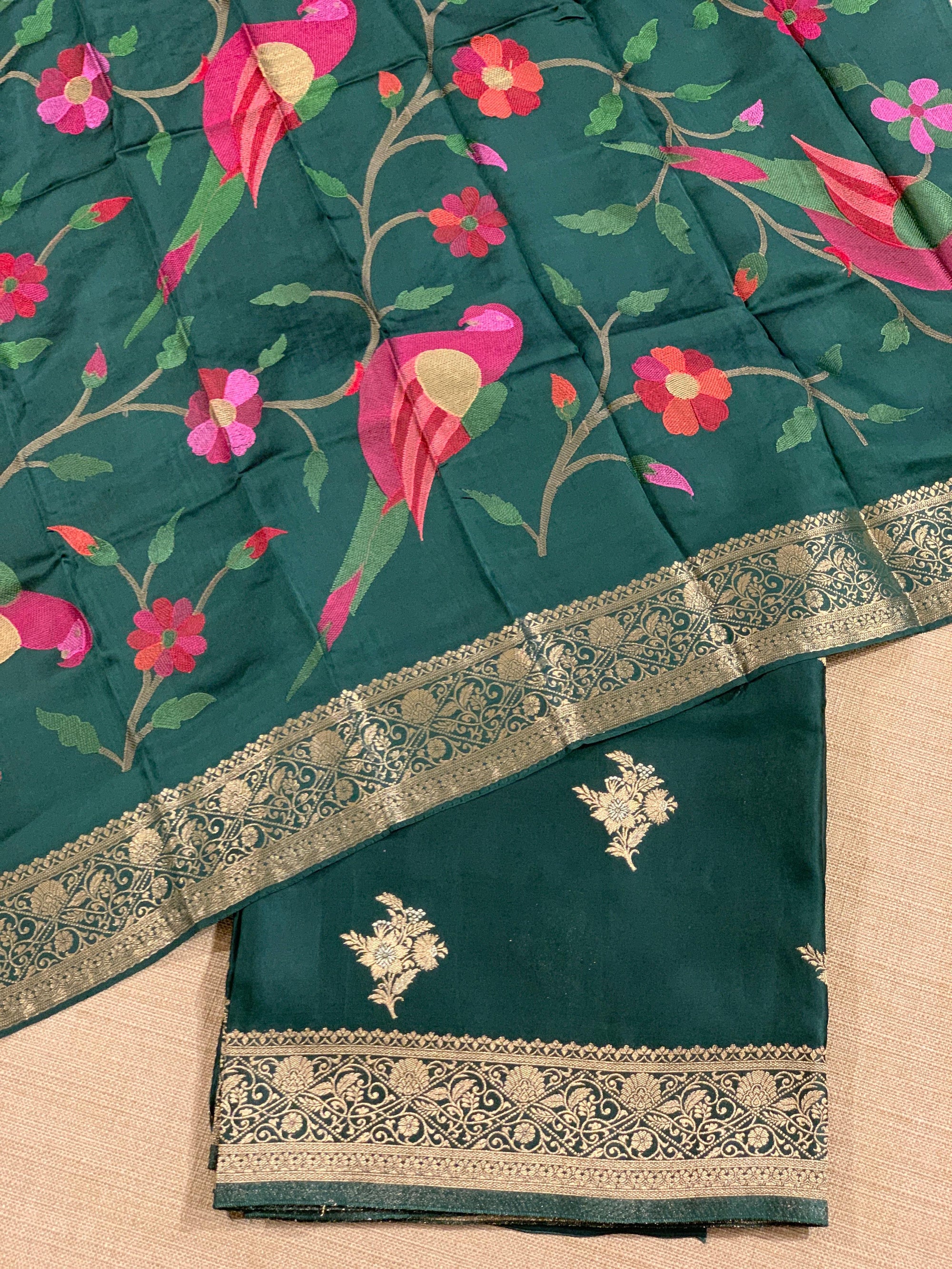 Forest Green Mashru Silk Saree with Paithani inspired embroidered blouse