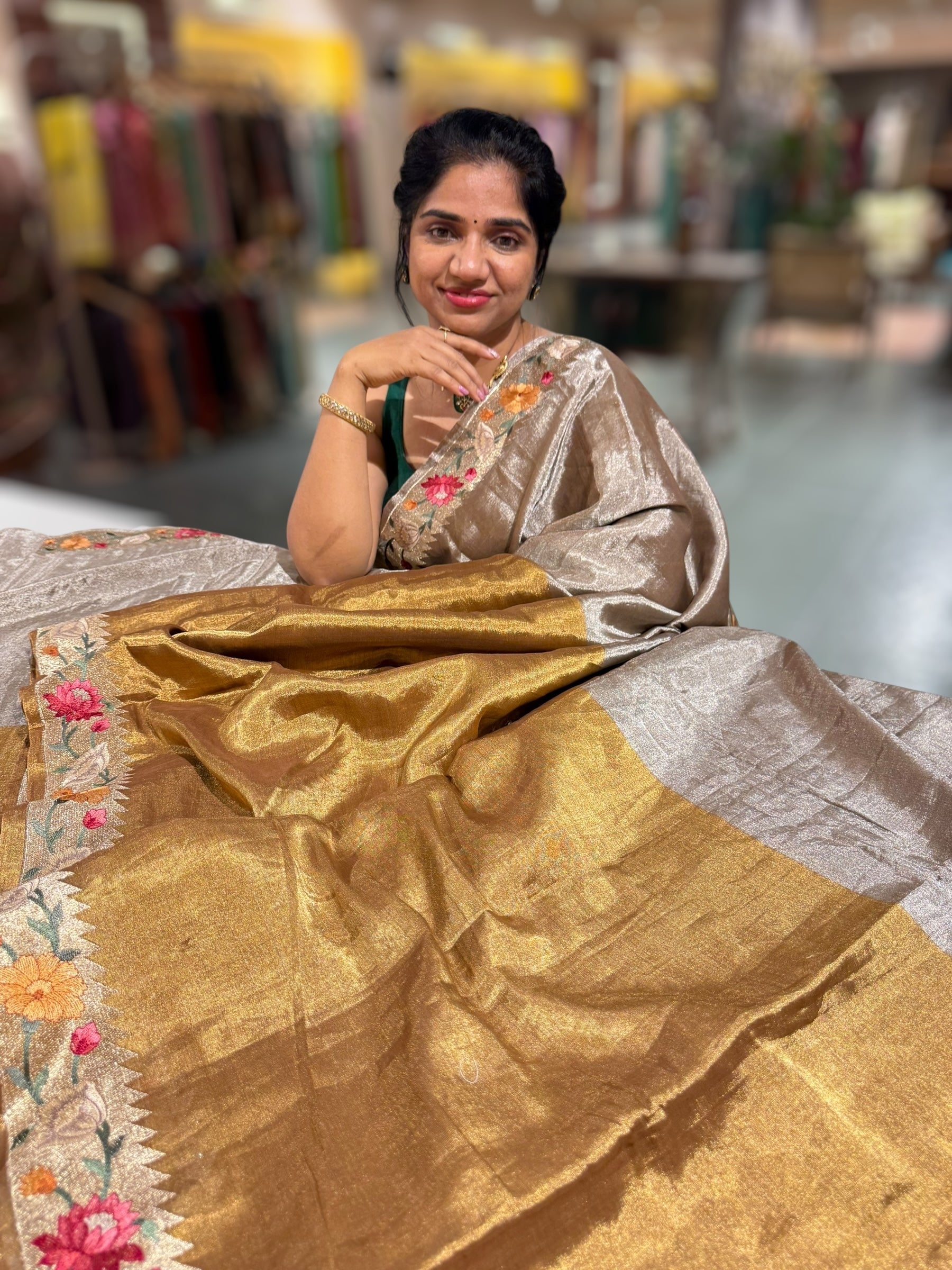 Handloom Tissue Saree with Paithani inspired embroidered border.