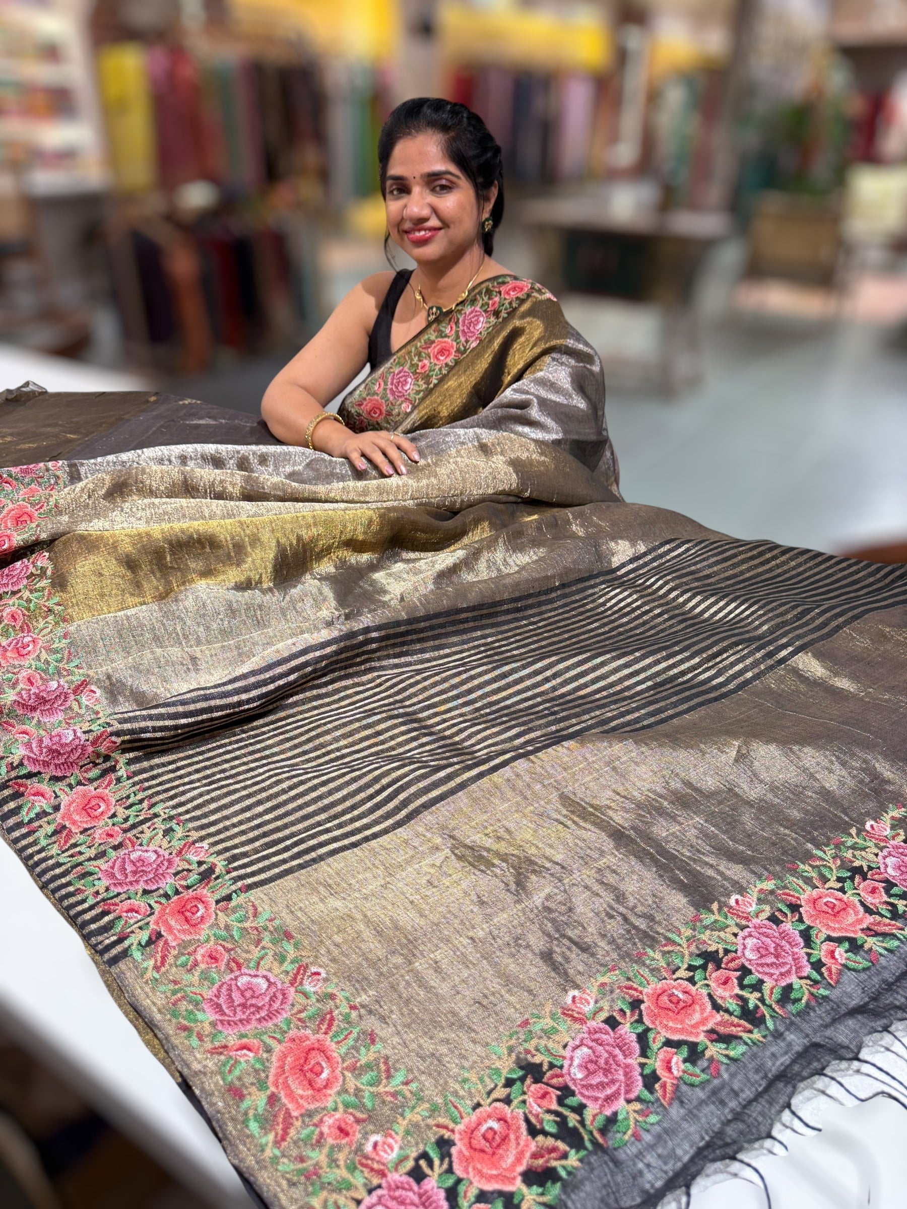 Lenin Tissue Saree with petite point Embroidered Border