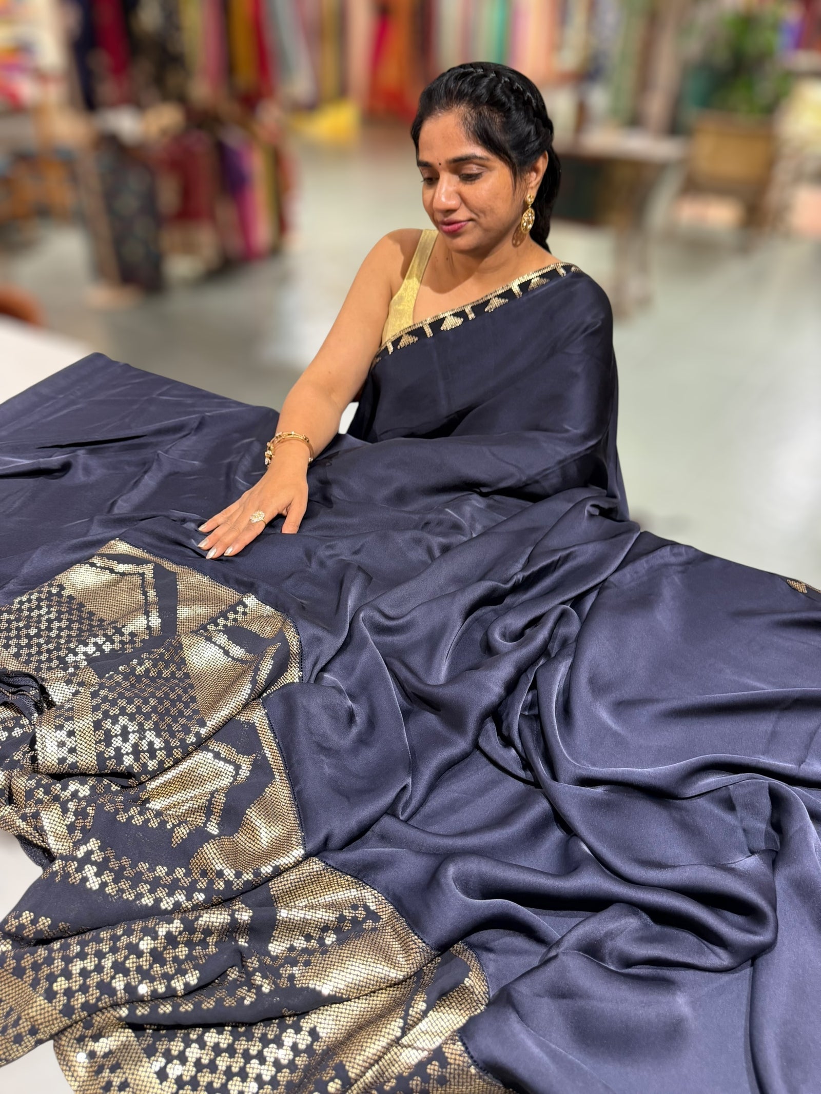 Navy pure Satin Saree with designer sequence border and blouse