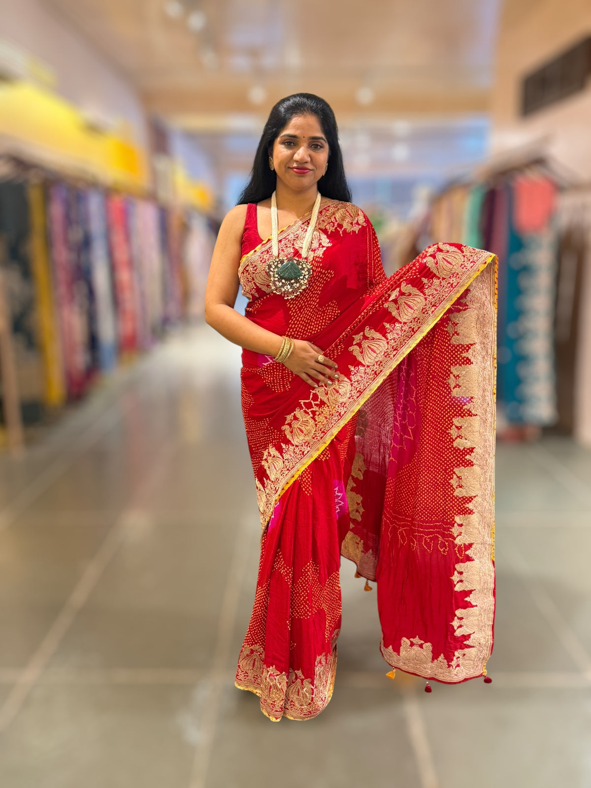 Red Rai bandhej Saree With Embroidered Border