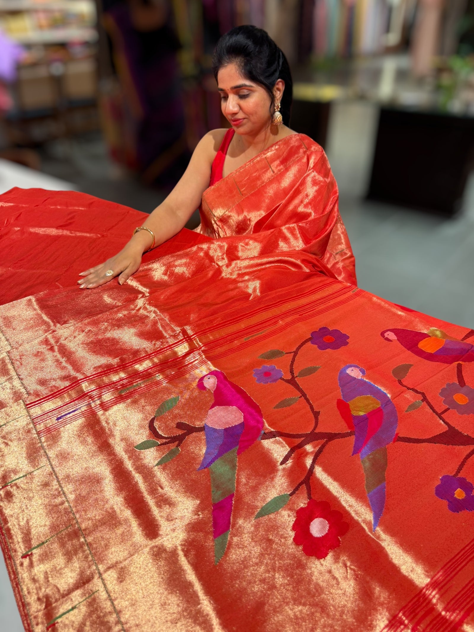 Red Pure handloom paithani tissue stripes saree