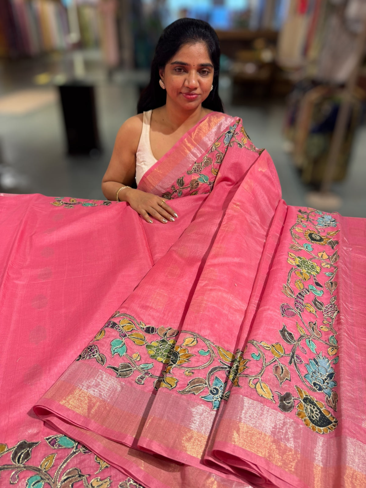 Peach Pink chanderi silk cotton saree with kalamkari applique border