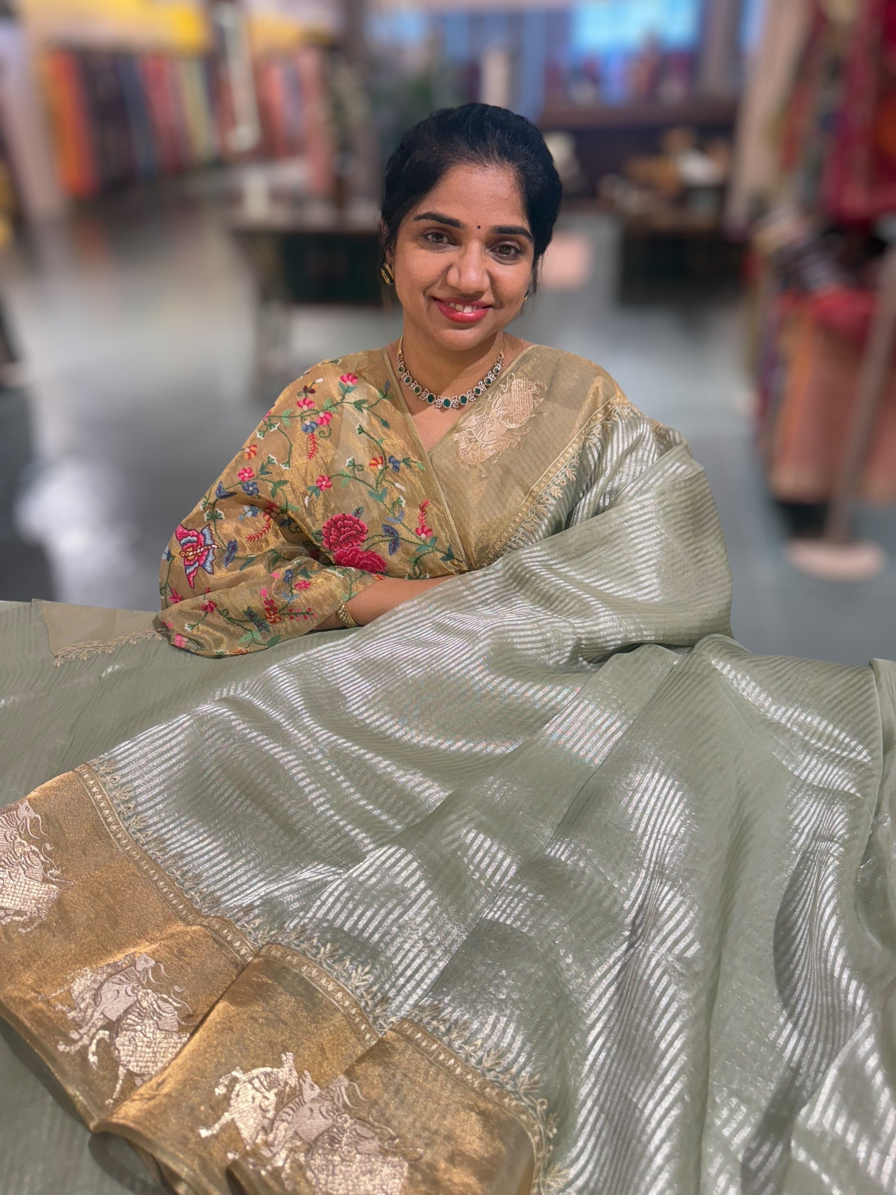 Mint Kora tissue stripes Saree with Nandi embroidered tissue border