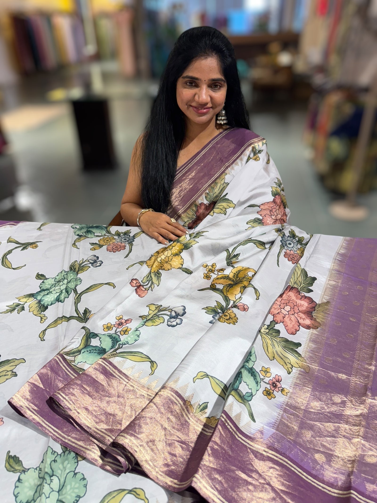 Silverish-Grey Kanjeevaram Designer print saree