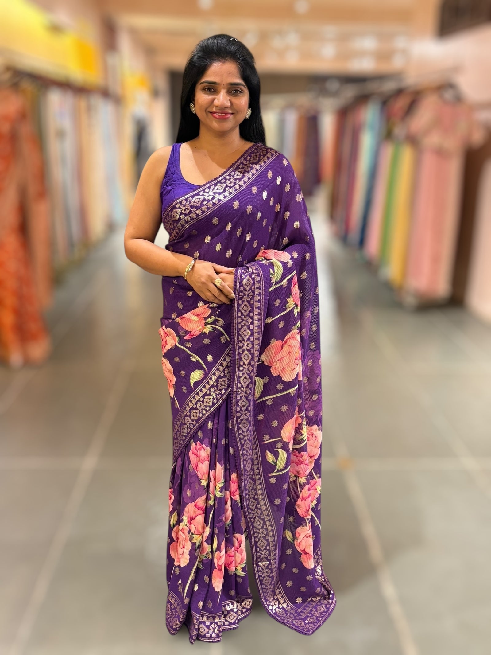 Brinjal georgette sequence saree with statement floral print