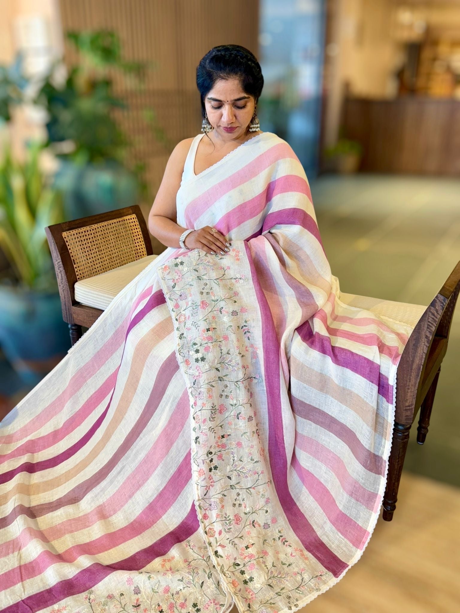 Lenin Saree with Multi Colors stripes and Embroidered Border