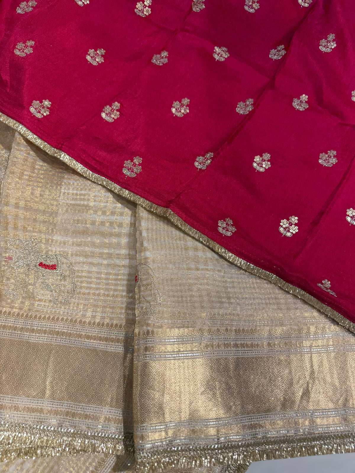 Beige Banarasi Kora Tissue Checks Saree with nandi motifs