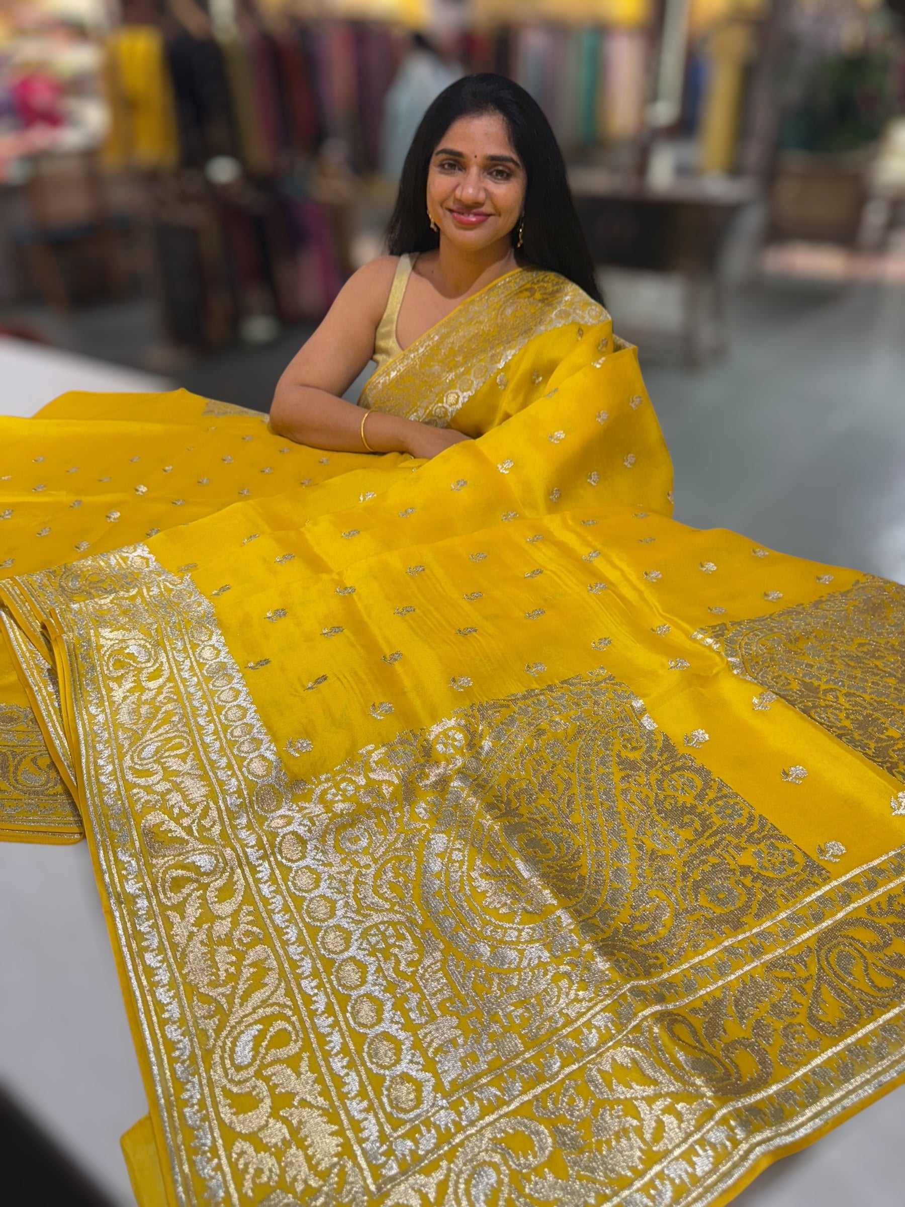 Yellow Pure Organza Saree With Jamdani Inspired Embroidery